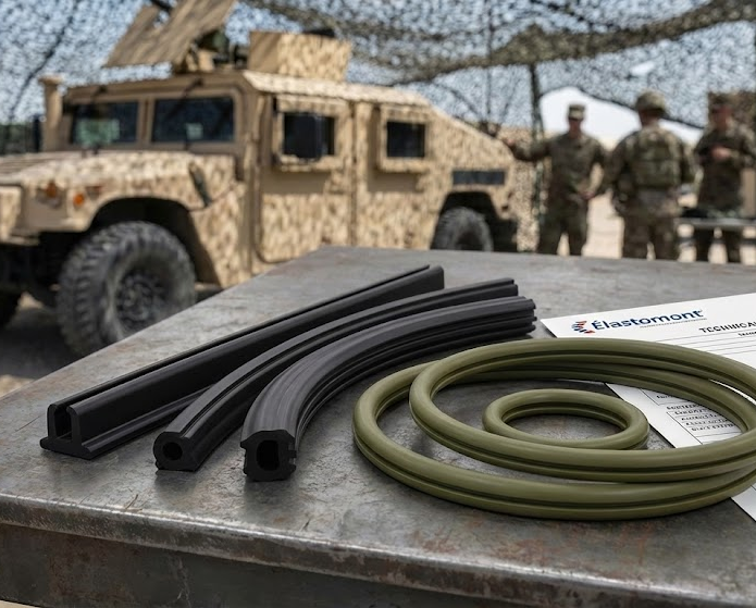 Extrusion de joints et profilés en élastomères haute performance certifiés MIL-SPEC et AMS pour applications militaires et aérospatiales, conçus pour résister au kérosène, aux environnements extrêmes et assurer une étanchéité critique.
