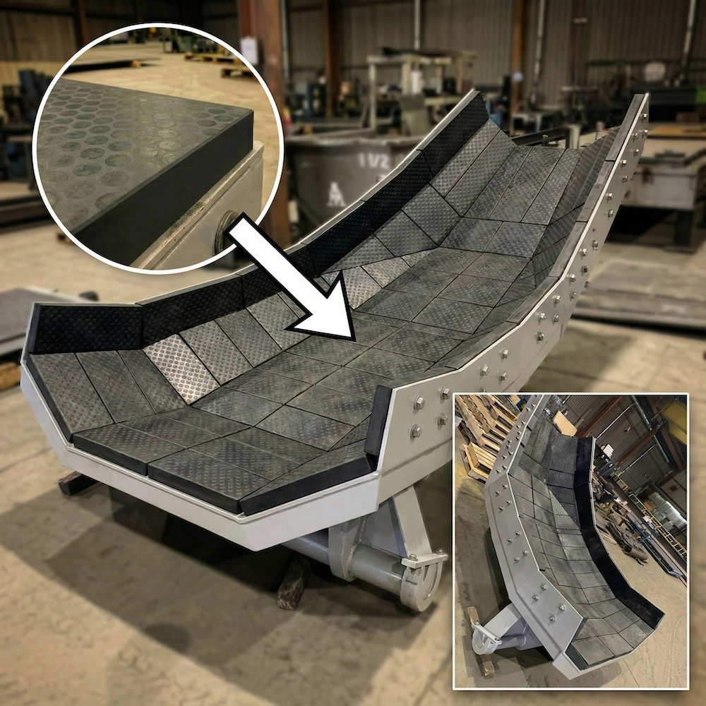 Déflecteur de convoyeur à minerais pour quai de chargement avec plaques d'usure en caoutchouc-céramique Elastomont Elastocer.