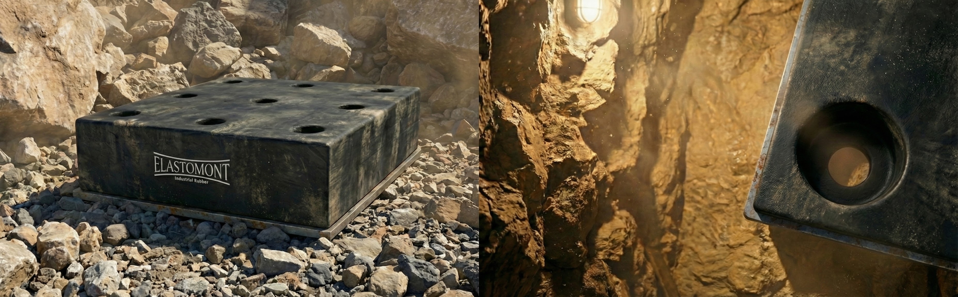 Plaque d'usure industrielle Elastomont de 48x48 pouces posée sur un sol rocheux de mine. Plaque en caoutchouc noir de 7'' pouces d'épaisseur vulcanisée sur une base d'acier, avec trous de fixation visibles et logo Elastomont sur le coin.