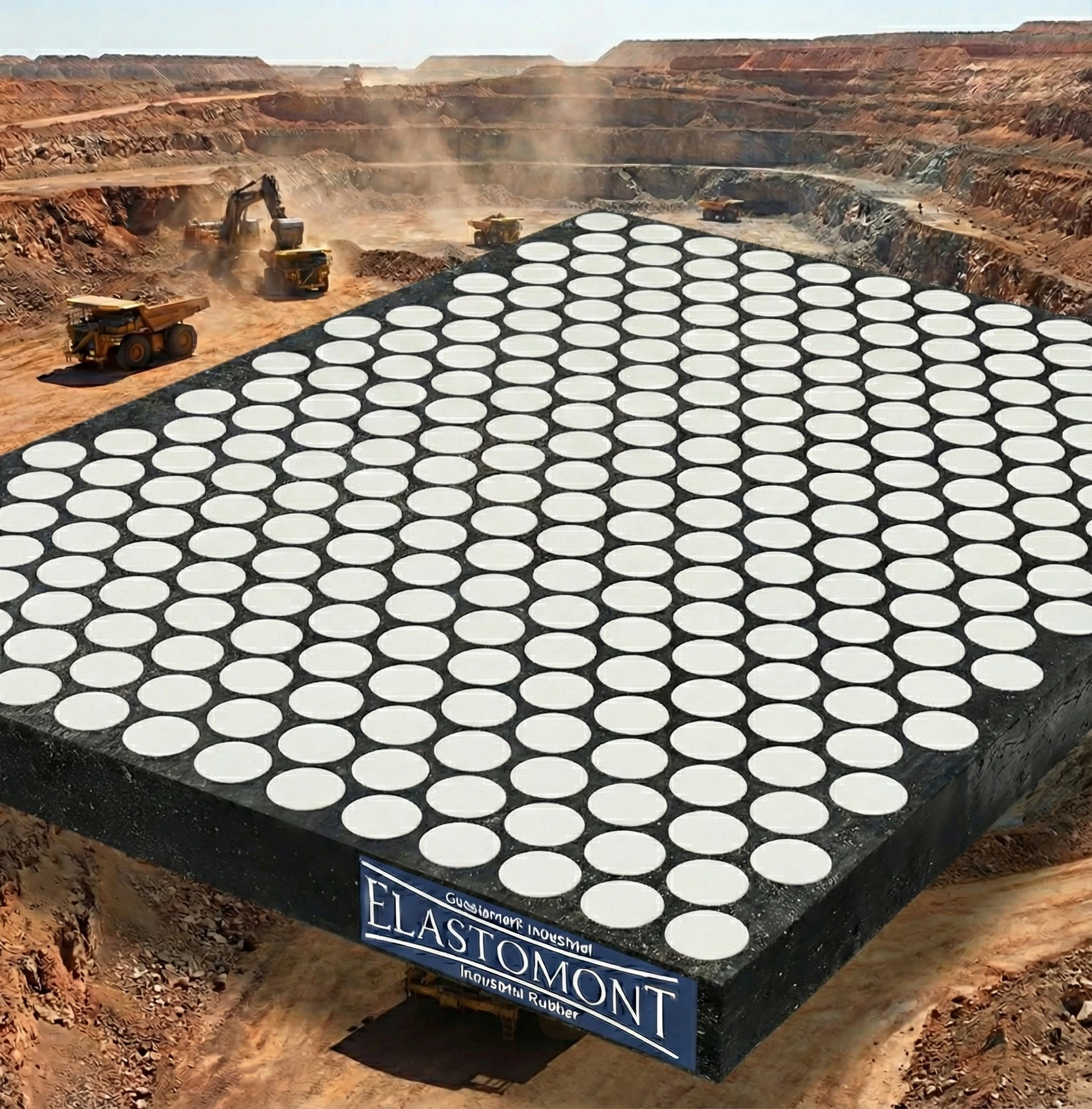 Plaque d'usure ELASTOCER composée de tuiles en céramique d'alumine incrustées dans une matrice de caoutchouc noir pour une résistance extrême à l'abrasion et aux impacts.