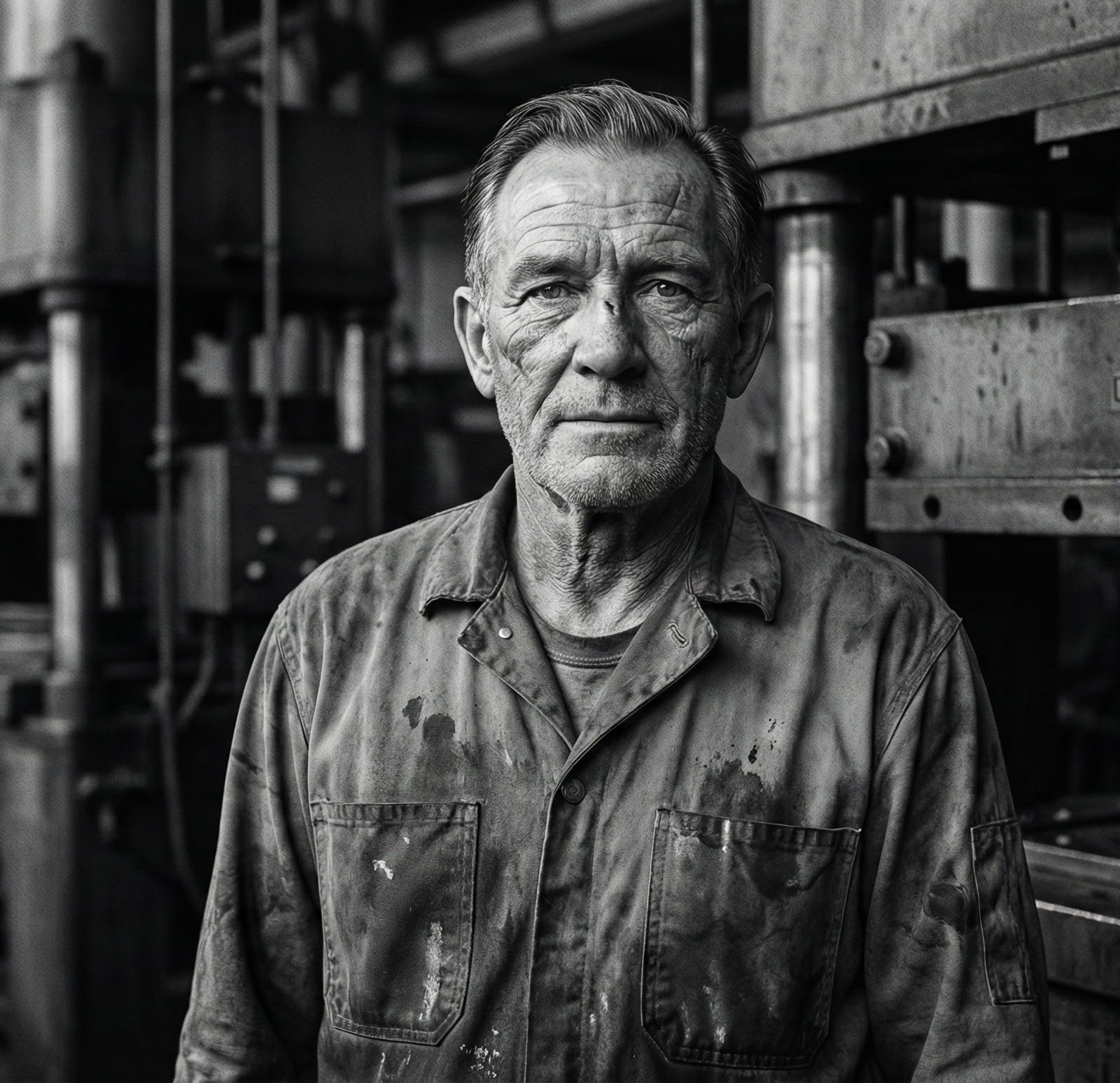 Elastomont employee in 1990 standing in front of rubber molding presses and an industrial autoclave, illustrating the early days of industrial rubber molding and rubber lining at Elastomont in Québec.