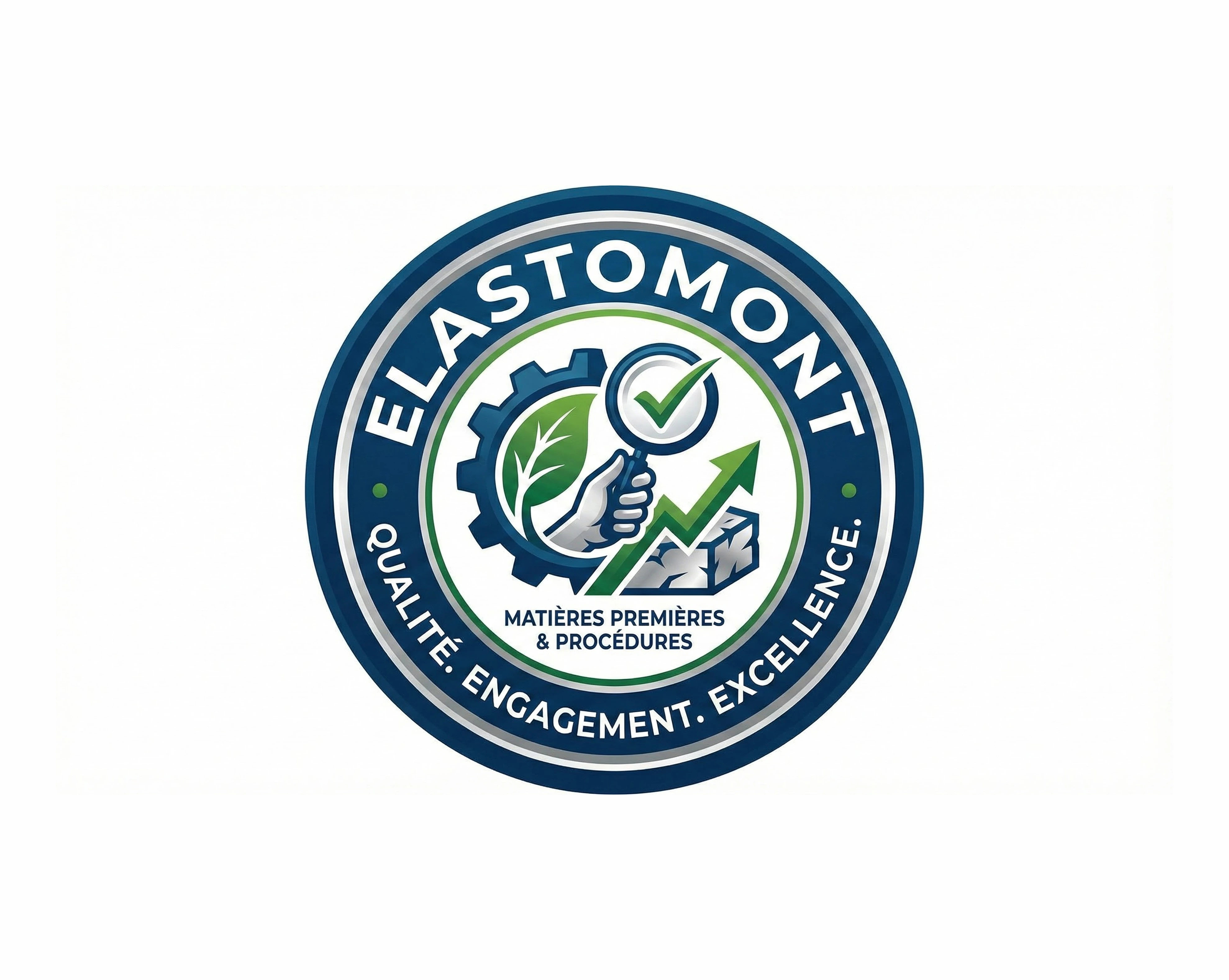 Bilingual circular logo for Elastomont. The dark blue outer ring features the white text "ELASTOMONT" at the top and "QUALITÉ. ENGAGEMENT. EXCELLENCE." at the bottom, with "QUALITY. COMMITMENT. EXCELLENCE." directly below it. The center illustration shows a gear with a leaf, a hand holding a magnifying glass pointing to a green checkmark, and an upward trend graph above raw material blocks. Below this illustration, the bilingual text reads "MATIÈRES PREMIÈRES & PROCÉDURES / RAW MATERIALS & PROCEDURES".