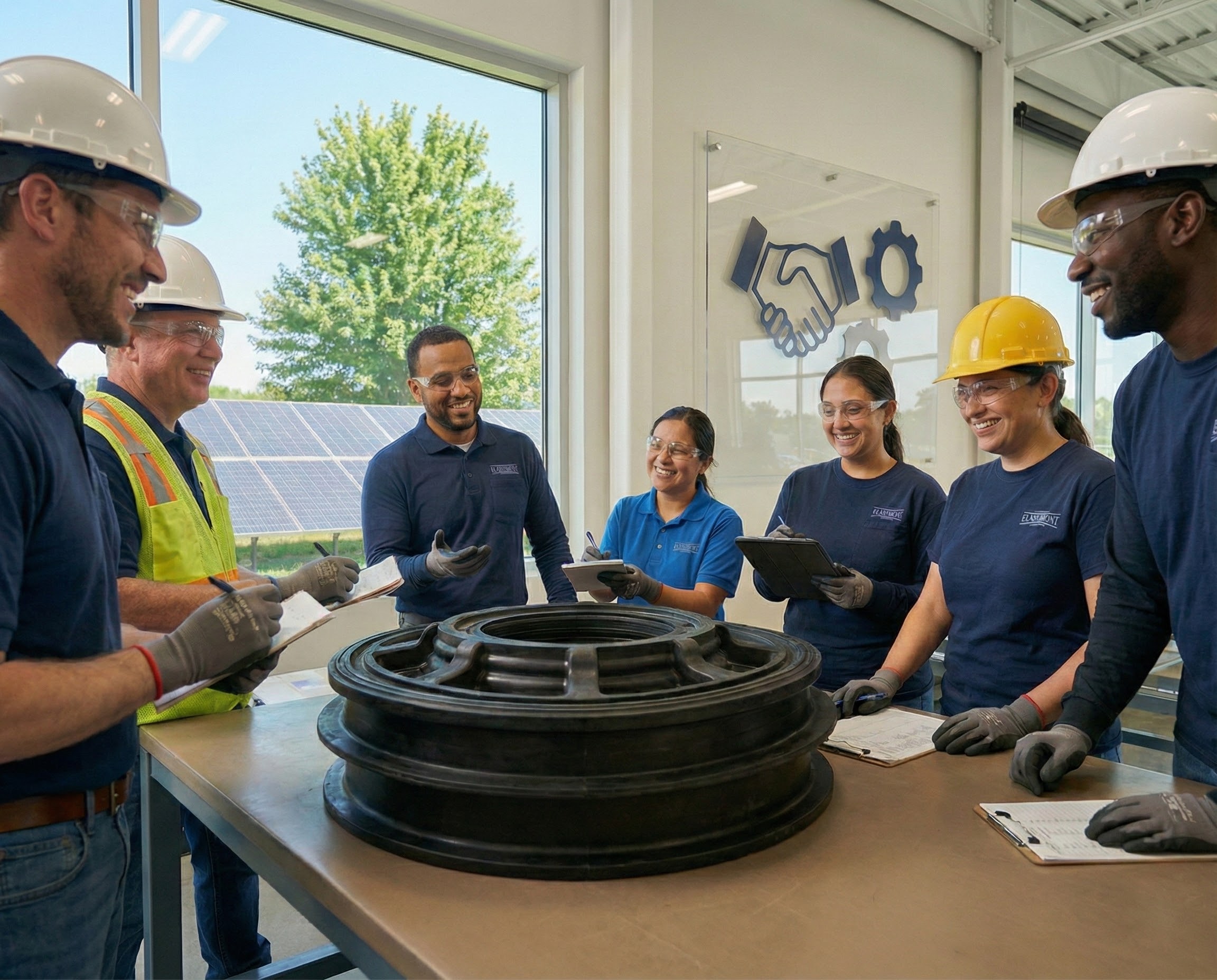 A diverse team of seven Elastomont employees, wearing safety gear (hard hats, glasses), collaborating with smiles around a large black industrial rubber component on a workbench. The bright background features solar panels visible outside a window and an interior glass partition decorated with icons representing a handshake and gears, illustrating the company values of collaboration, technical excellence, and sustainability.