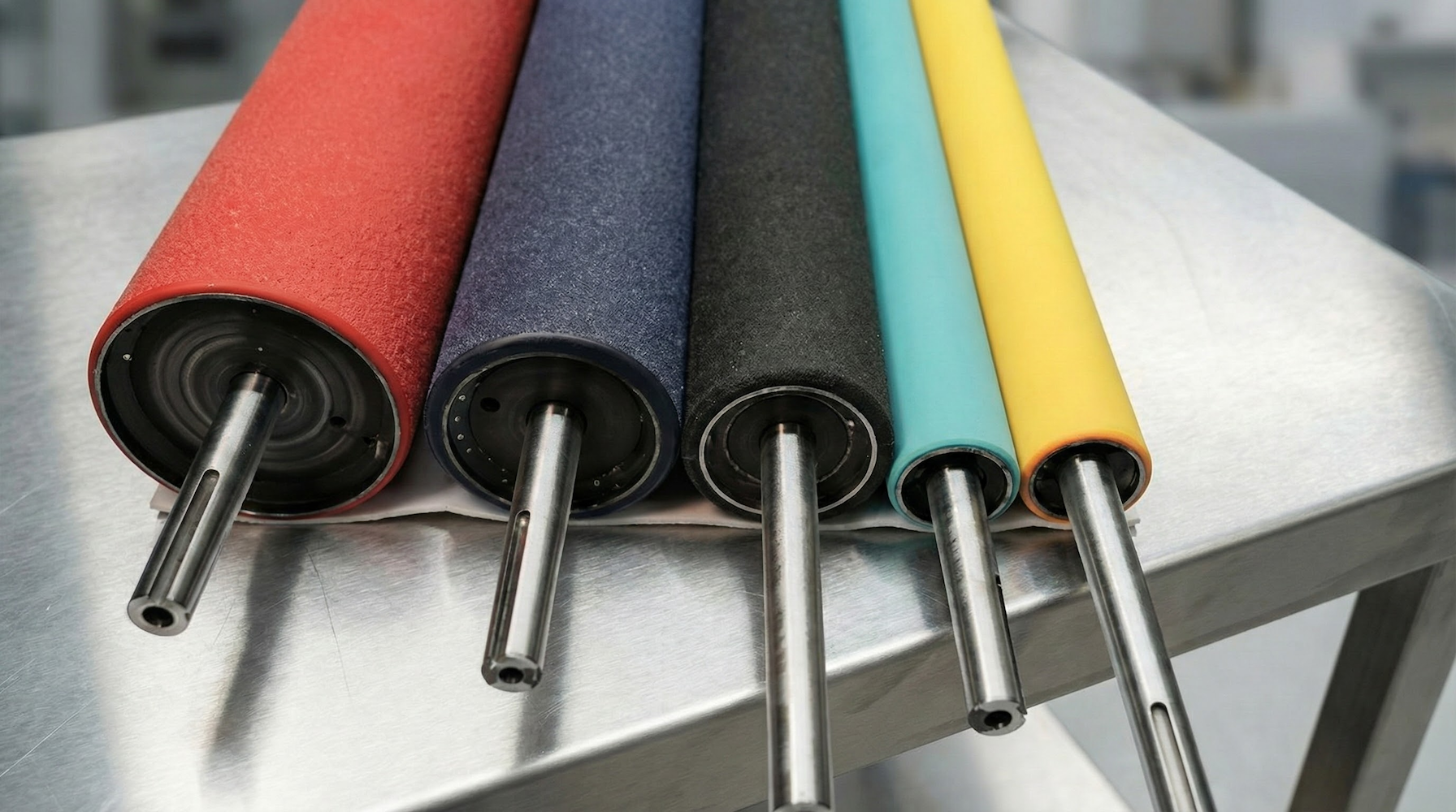 Cinq rouleaux de pré-étirage pour banderoleuse de palettes, fabriqués à Montréal, avec des revêtements en caoutchouc texturé de couleurs rouge, bleu, noir, turquoise et jaune, reposant sur une table en acier inoxydable.