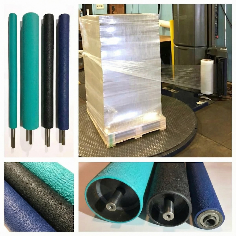 Image composite montrant des rouleaux de pré-étirage industriels et leur application. En haut à gauche : quatre rouleaux texturés (deux turquoise, un noir, un bleu foncé) utilisés pour étirer le film. En haut à droite : une banderoleuse à palettes en fonctionnement, utilisant du film étiré pour emballer une charge. En bas : gros plans sur la texture rugueuse des rouleaux en caoutchouc et sur leurs axes et roulements métalliques.