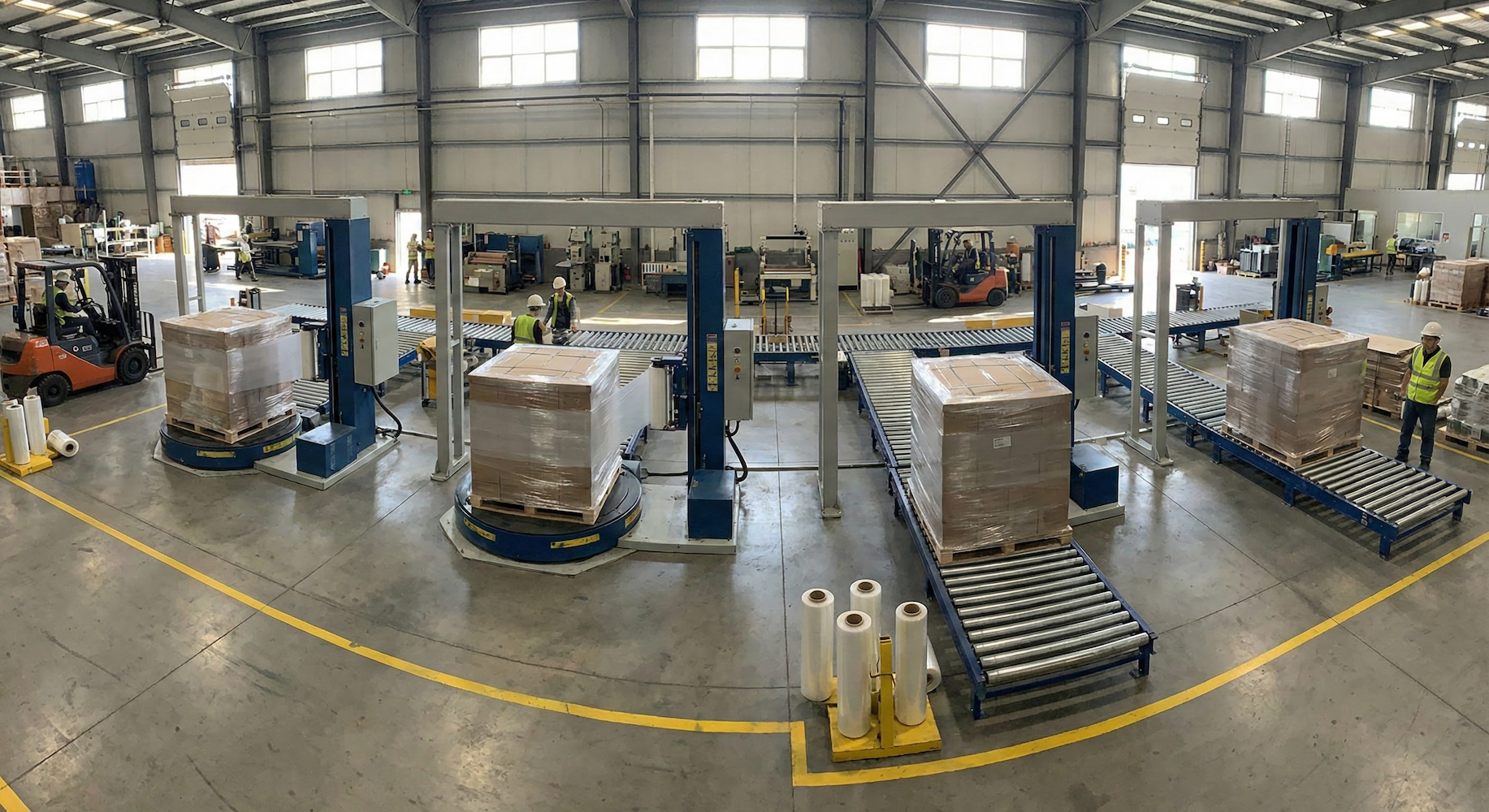 Vue panoramique d'un entrepôt industriel animé où quatre machines automatiques d'emballage sous film étirable enveloppent des palettes de cartons, reliées par un système de convoyeurs à rouleaux, avec des ouvriers et des chariots élévateurs en action.