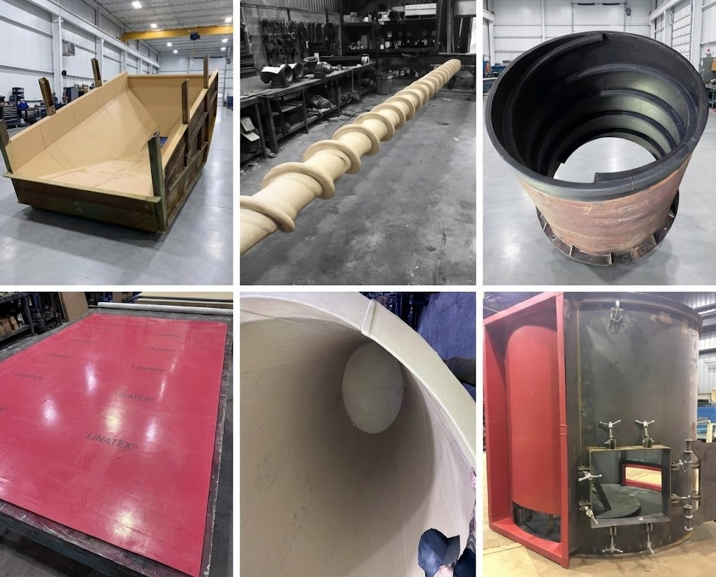 Collage de six pièces industrielles finies (chutes, vis sans fin, tuyauterie) protégées par un revêtement en caoutchouc naturel et Linatex. Ces réalisations d'Elastomont illustrent la qualité de finition obtenue après notre procédé rigoureux de rubber lining, incluant la préparation de surface et la vulcanisation.