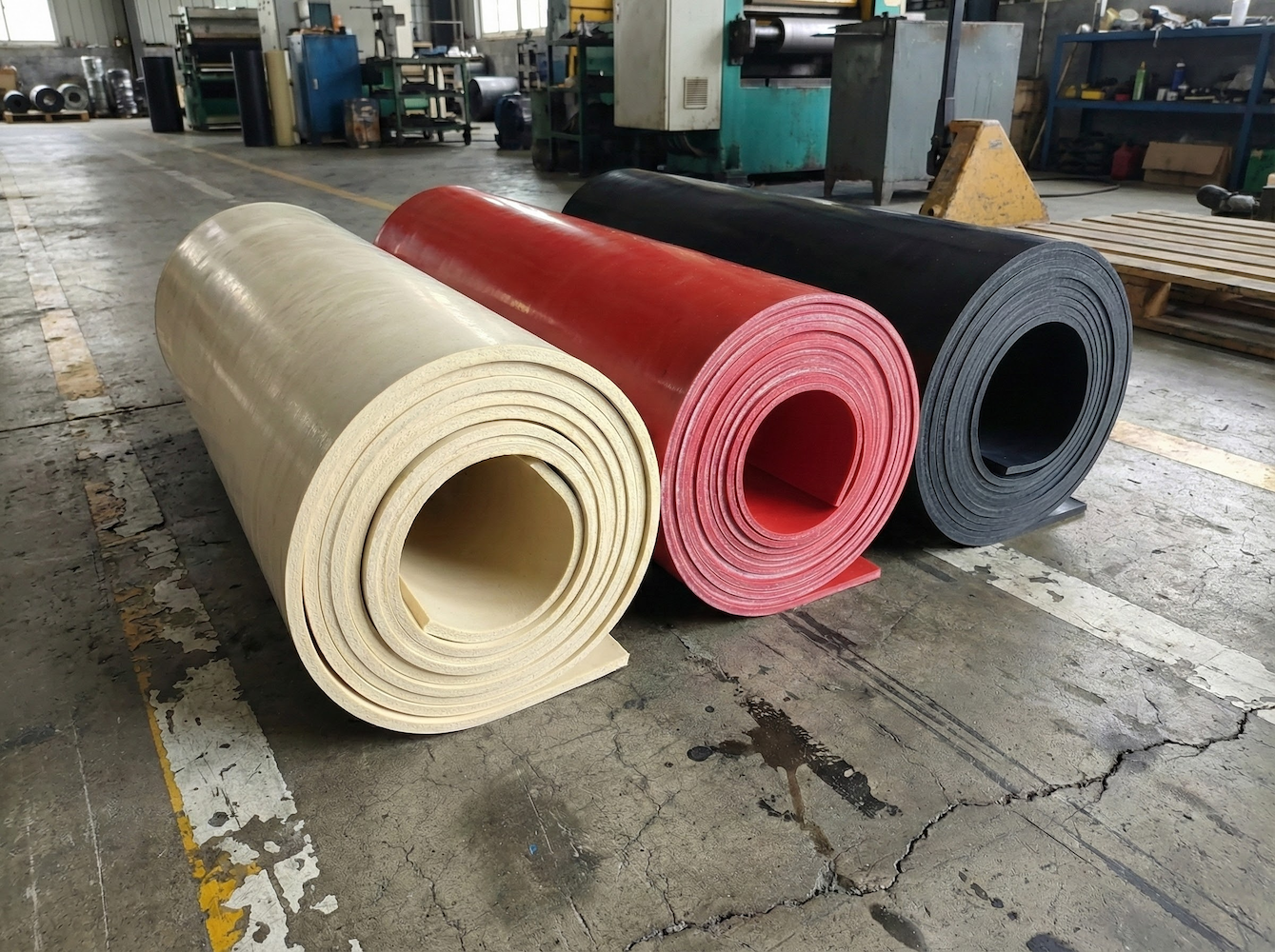 Trois rouleaux de caoutchouc industriel pour plancher d'usine alignés en diagonale. Au premier plan, un rouleau de caoutchouc naturel beige épais, suivi d'un rouleau de caoutchouc rouge type Linatex, et d'un rouleau de caoutchouc SBR noir à l'arrière-plan.