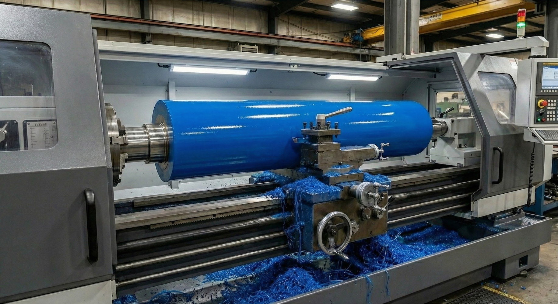 Usinage de finition sur un tour conventionnel d'un grand rouleau industriel (nip roll) recouvert d'une couche de 2 pouces de polyuréthane bleu. On voit des copeaux de tournage en polyuréthane bleu sur le chariot et des portées de roulements en acier poli aux extrémités.