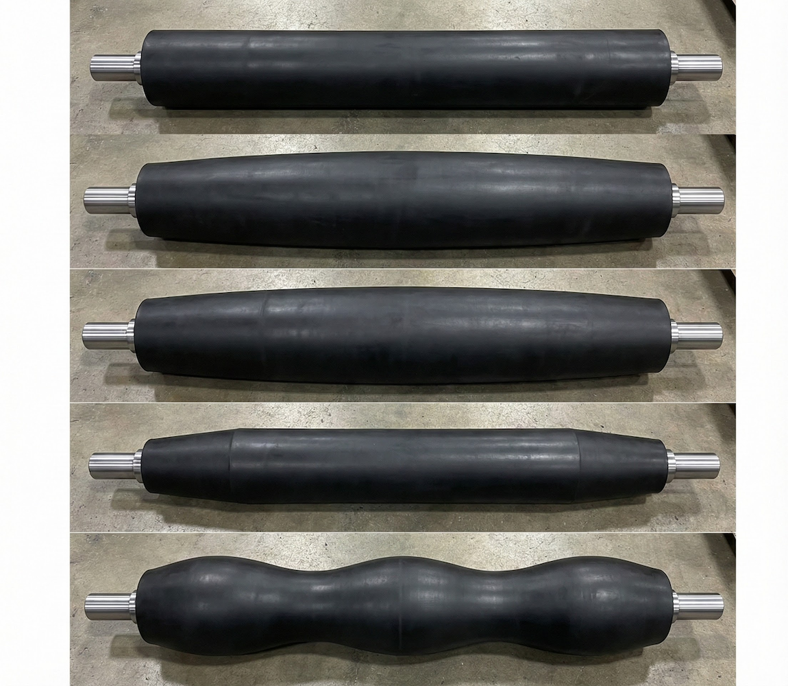 Photographie montrant une série de cinq rouleaux industriels en caoutchouc noir disposés horizontalement sur un sol en béton très brillant et réfléchissant. De haut en bas, les rouleaux présentent différents finis : un profil lisse cylindrique, un profil crown (bombé), un profil crown inverse (concave), un profil taper crown avec extrémités coniques, et un profil ondulé.