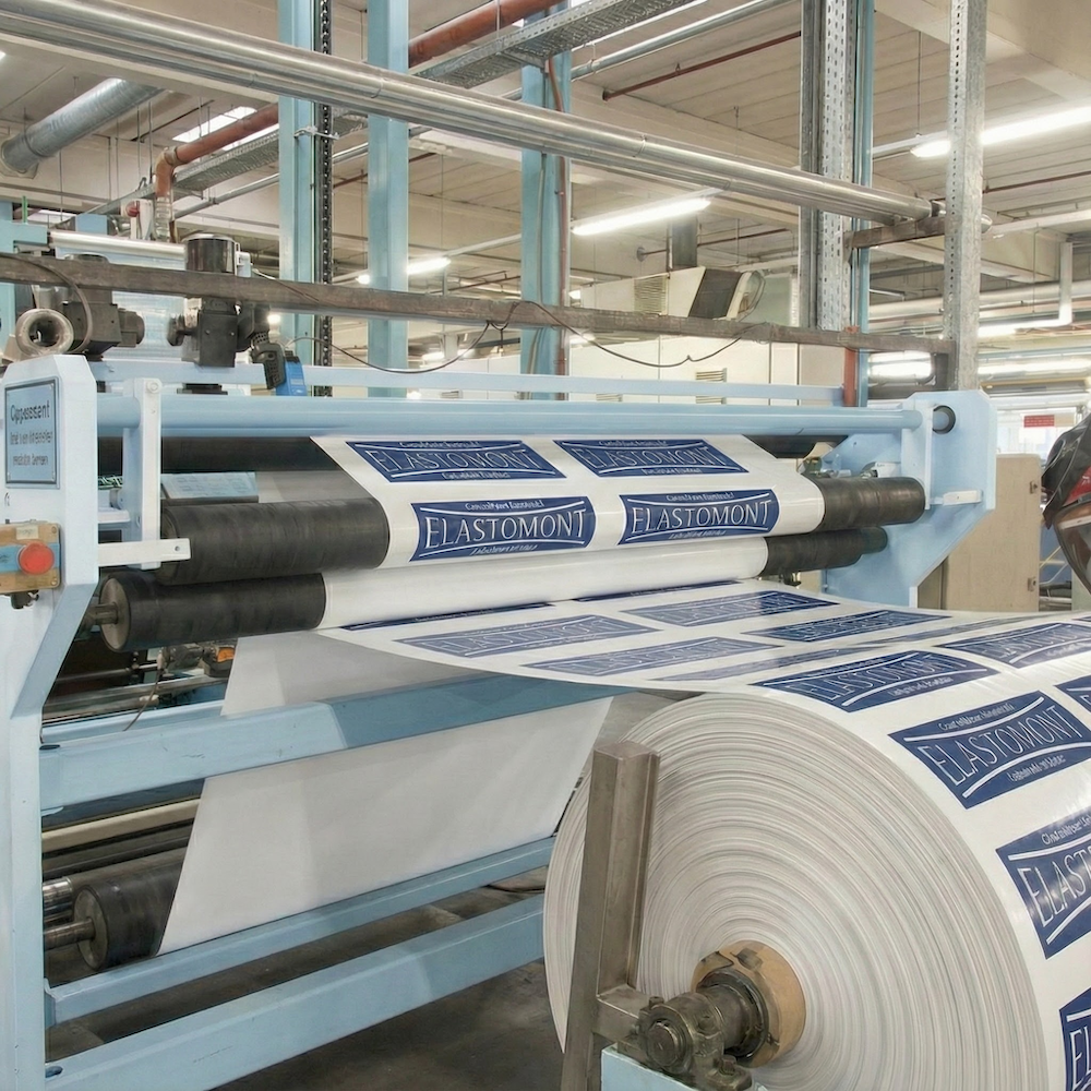 Machine industrielle bleu pâle et blanche équipée de rouleaux de guidage recouverts de caoutchouc nitrile noir mat Elastomont, traitant un film plastique blanc imprimé avec le logo de l'entreprise.