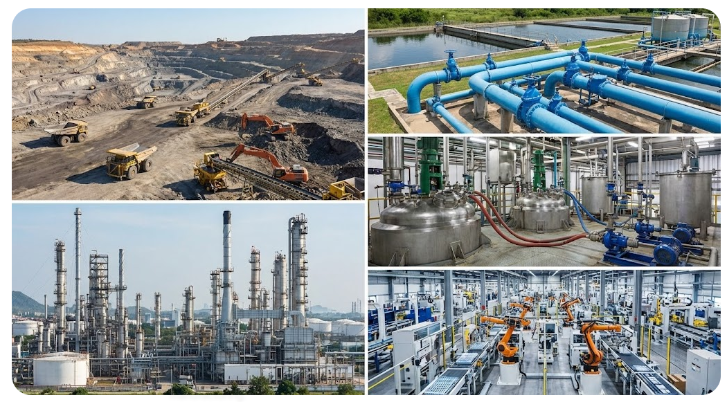 Collage de cinq photographies illustrant divers secteurs industriels lourds. On y voit une mine à ciel ouvert avec des camions, une station de traitement des eaux avec de gros tuyaux bleus, une raffinerie pétrochimique complexe, l'intérieur d'une usine chimique avec des cuves en inox, et une ligne de production manufacturière automatisée avec des bras robotiques.