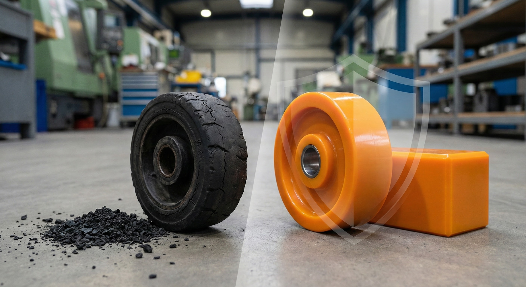 Photographie comparative sur un sol d'usine montrant une roue en caoutchouc noir très usée, fissurée et entourée de débris (à gauche), contrastant avec une roue et une pièce moulée en polyuréthane orange vif, neuves et intactes, surmontées d'un bouclier de protection symbolique (à droite).