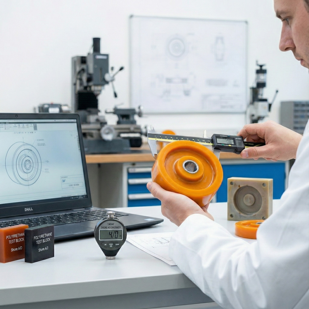 Photographie d'un ingénieur en blouse blanche dans un laboratoire, mesurant avec précision une roue en polyuréthane orange à l'aide d'un pied à coulisse numérique. Un ordinateur portable affichant le plan CAO de la pièce, des blocs de test de dureté Shore et un duromètre sont disposés sur l'établi, illustrant le contrôle qualité et l'expertise technique.