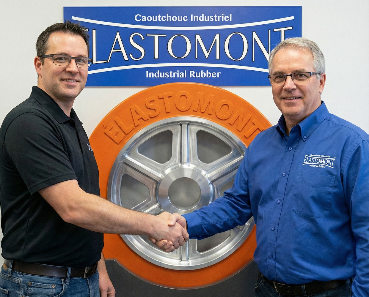 Photographie montrant une poignée de main professionnelle entre un client et un responsable technique au-dessus d'une grande roue industrielle sur mesure en polyuréthane orange, gravée du logo "Élastomont". La scène se déroule dans un atelier de fabrication moderne équipé de machines CNC et de plans techniques, symbolisant le partenariat et l'expertise technique.