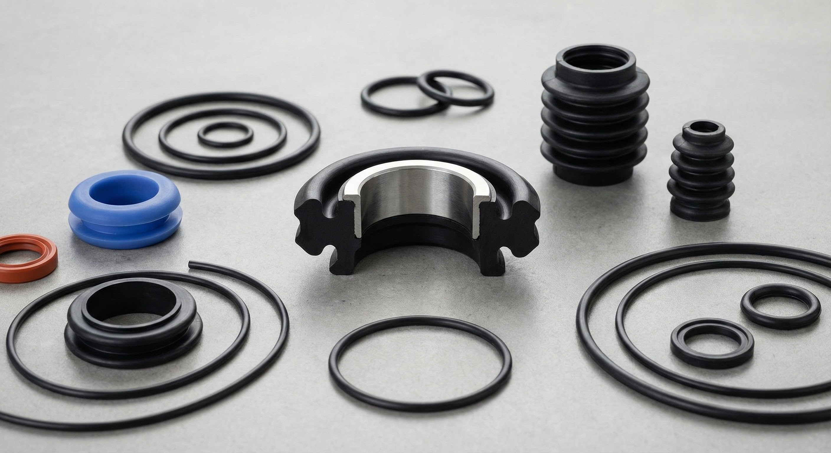 Vue d'ensemble de pièces techniques moulées en caoutchouc par Élastomont, mettant en vedette une coupe transversale d'un surmoulage sur insert métallique, entourée de joints toriques et de soufflets de précision.