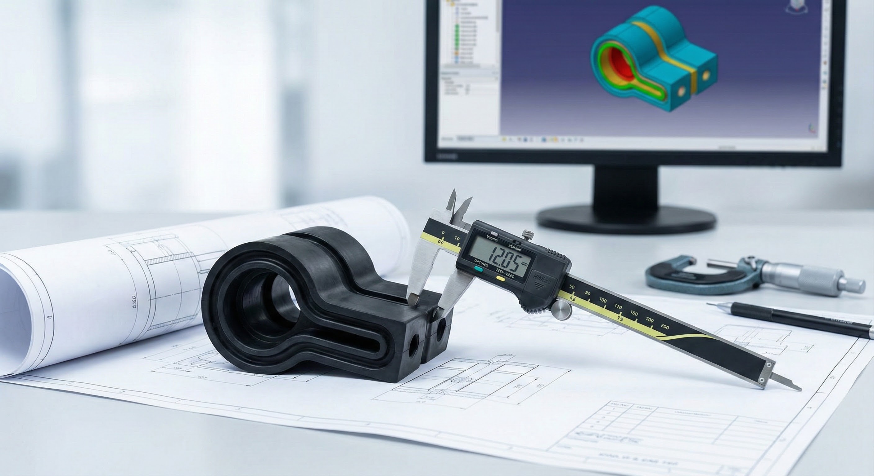 Contrôle de précision d'une pièce en caoutchouc sur plan technique.