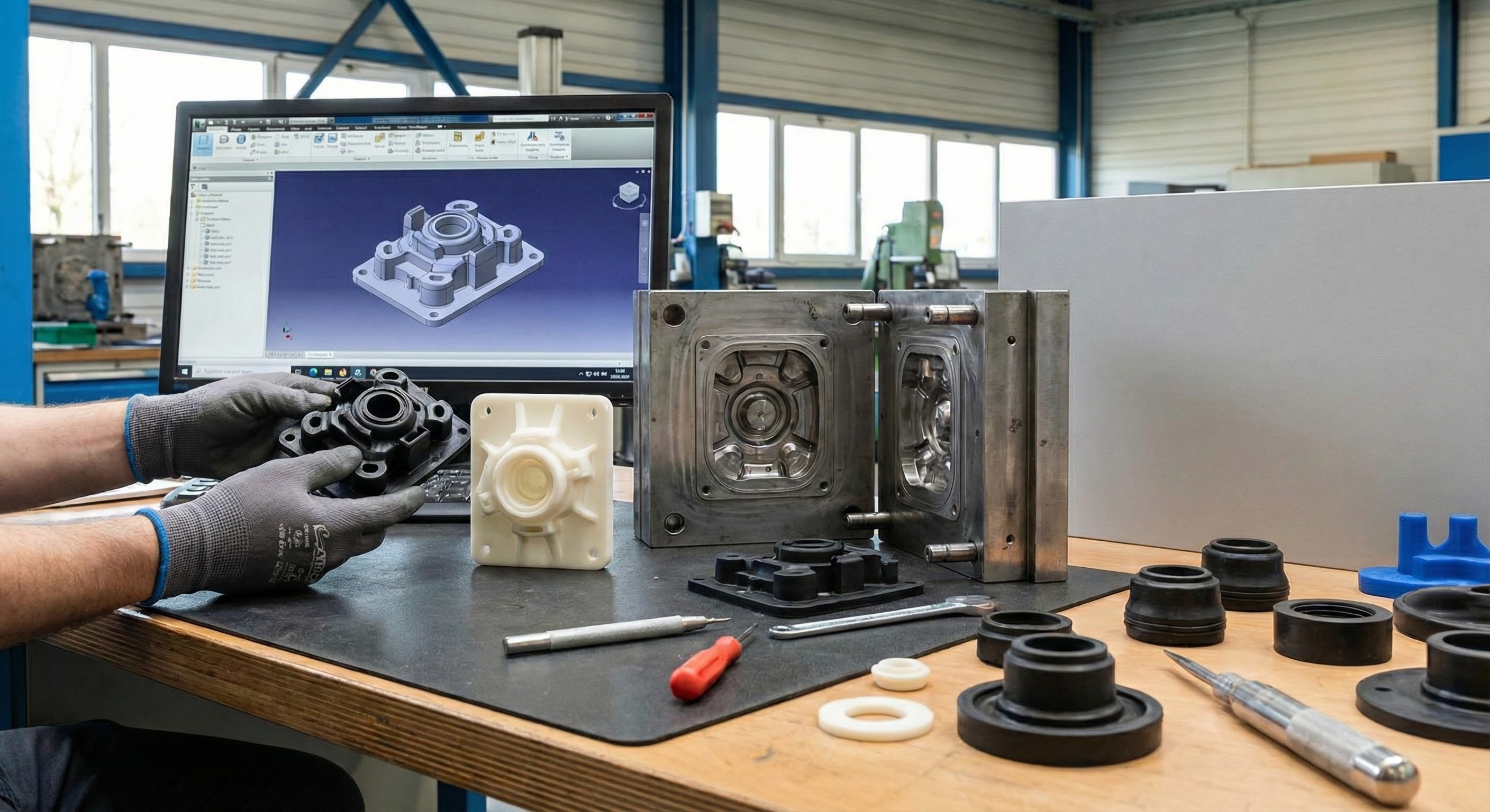 Mains gantées comparant un prototype imprimé en 3D blanc et une pièce finale moulée noire sur un établi industriel. Un écran d'ordinateur en arrière-plan affiche le modèle CAO de la pièce, et un grand moule d'injection métallique ouvert est posé sur la table, entouré d'outils et d'autres composants.