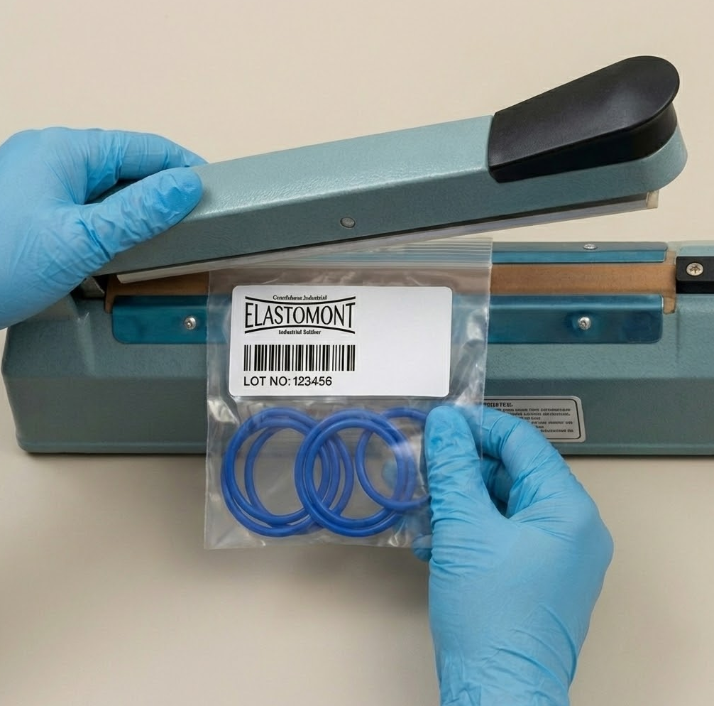 Scellage d'un sac de joints toriques bleus avec étiquette de lot Élastomont.