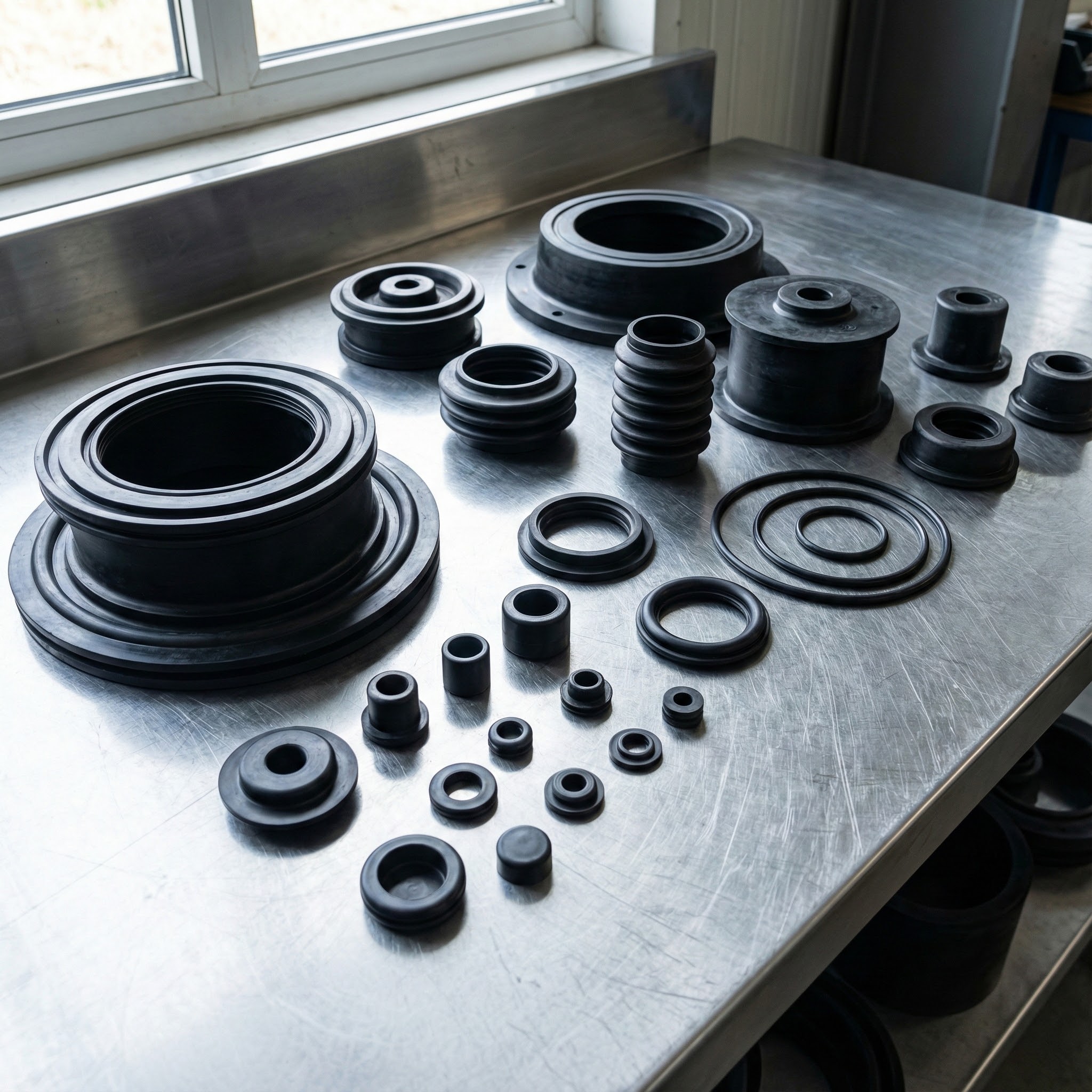 Matières premières et pièces moulées en caoutchouc technique incluant SBR, caoutchouc naturel, EPDM et silicone pour applications industrielles sur mesure.