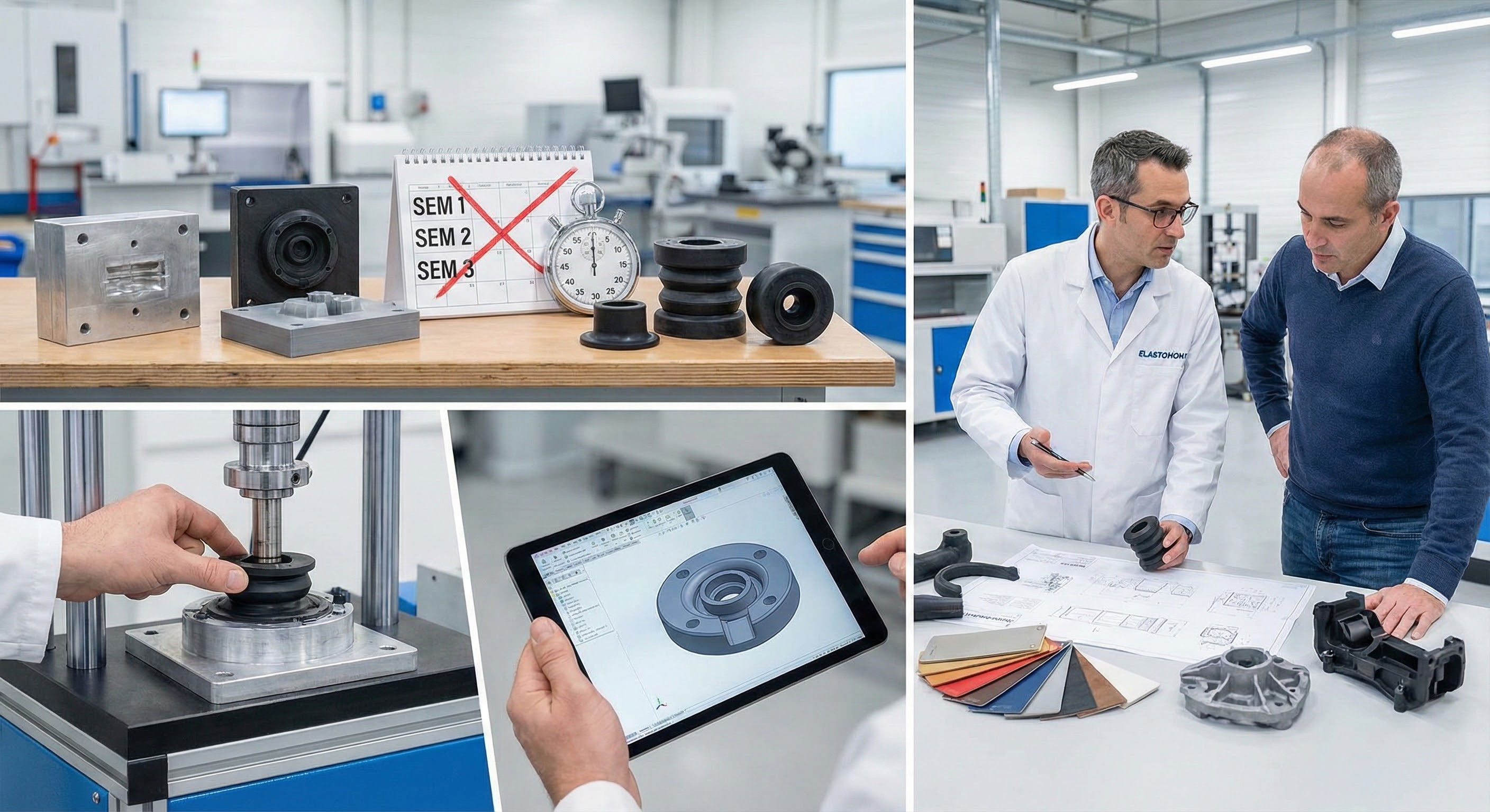 Collage photo montrant le processus de prototypage en caoutchouc chez Elastomont : moules rapides, conception CAO sur tablette, test de pièce sur presse hydraulique et consultation d'expertise technique entre ingénieurs. Mots-clés : prototypage, caoutchouc, Elastomont, moules, CAO, expertise.", "en": "Photo collage illustrating the rubber prototyping process at Elastomont: rapid molds, CAD design on a tablet, part testing on a hydraulic press, and technical expertise consultation between engineers. Keywords: prototyping, rubber, Elastomont, molds, CAD, expertise.
