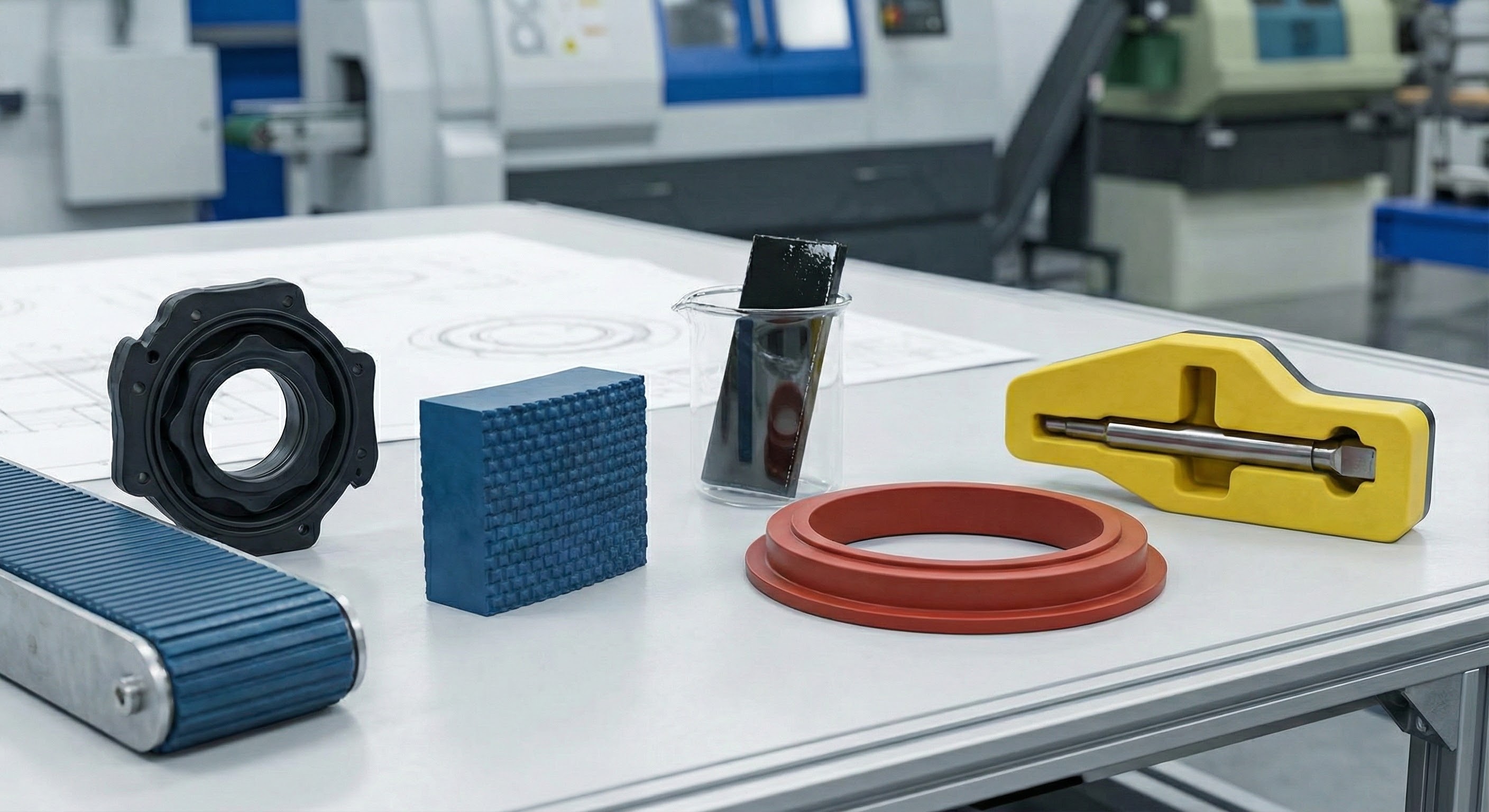 Assortiment de prototypes industriels divers, incluant des pièces en caoutchouc, des joints, une section de convoyeur et des gabarits sur mesure, disposés sur un établi d'atelier avec des plans techniques en arrière-plan.