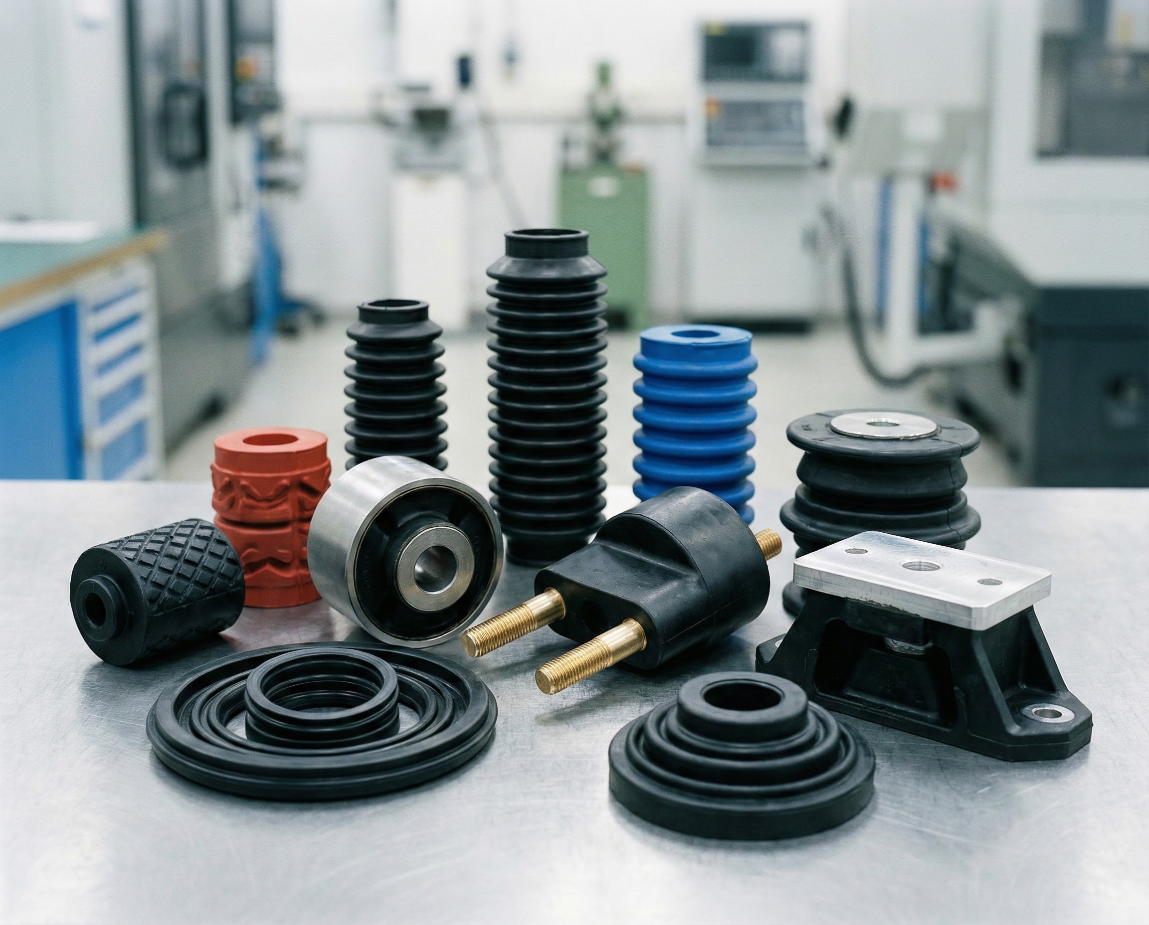 Photo de diverses pièces prototypes en caoutchouc moulé, incluant des supports anti-vibrations avec inserts métalliques et des soufflets, produites par Elastomont.", "en": "Photo of various molded rubber prototype parts, including anti-vibration mounts with metal inserts and bellows, produced by Elastomont.