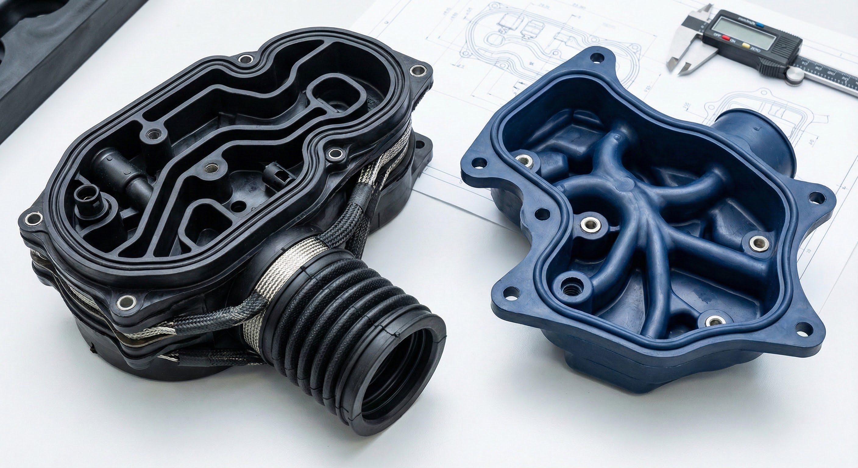 Photo de deux prototypes industriels complexes en caoutchouc moulé (une pièce noire avec soufflet et tresse métallique, une pièce bleue avec nervures internes) développés par Elastomont, présentés sur des dessins techniques avec un pied à coulisse numérique.