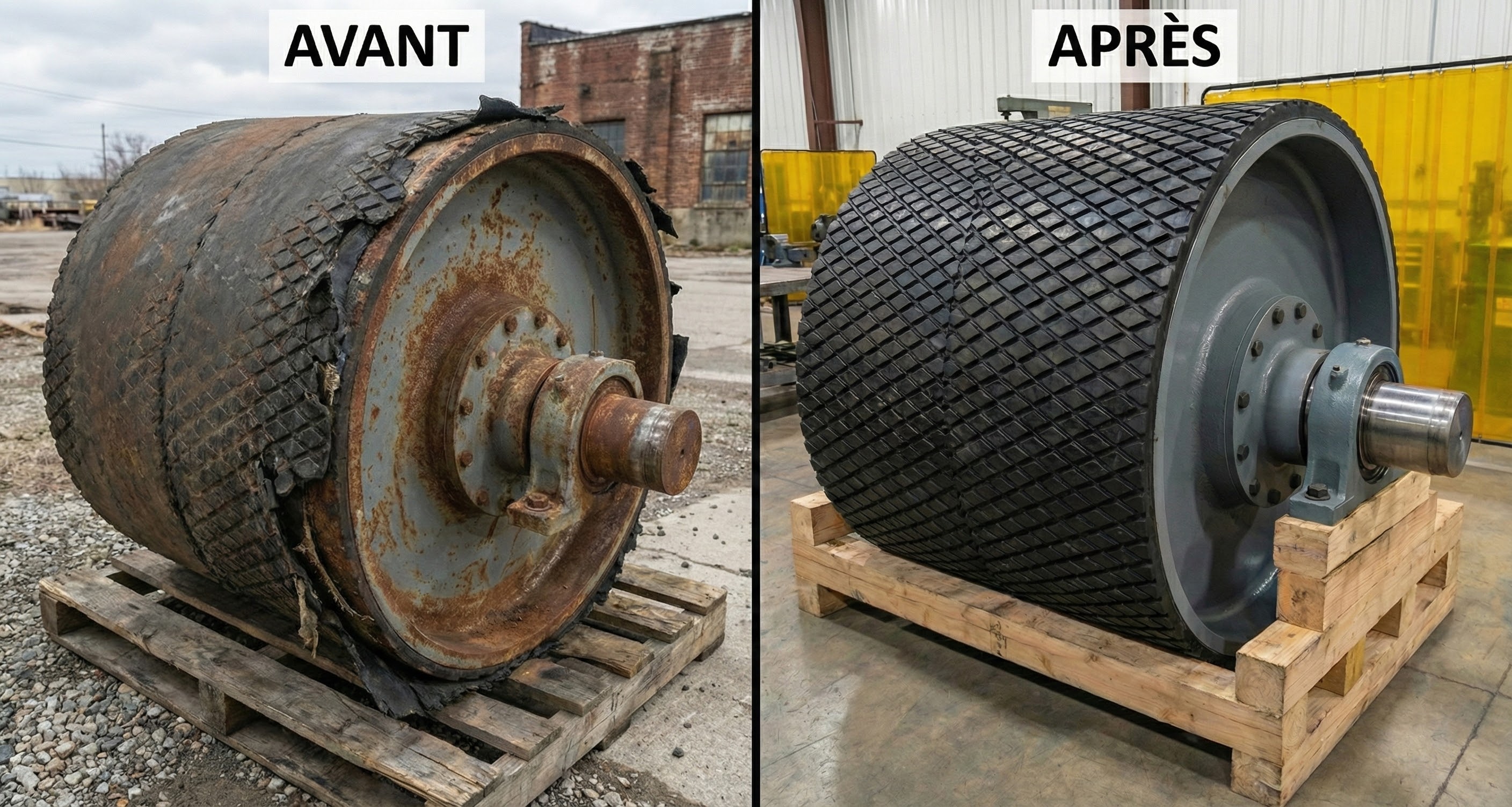 Réparation et reconditionnement d’une poulie industrielle avec revêtement en caoutchouc à motif diamond groove, montrant l’état avant et après intervention.