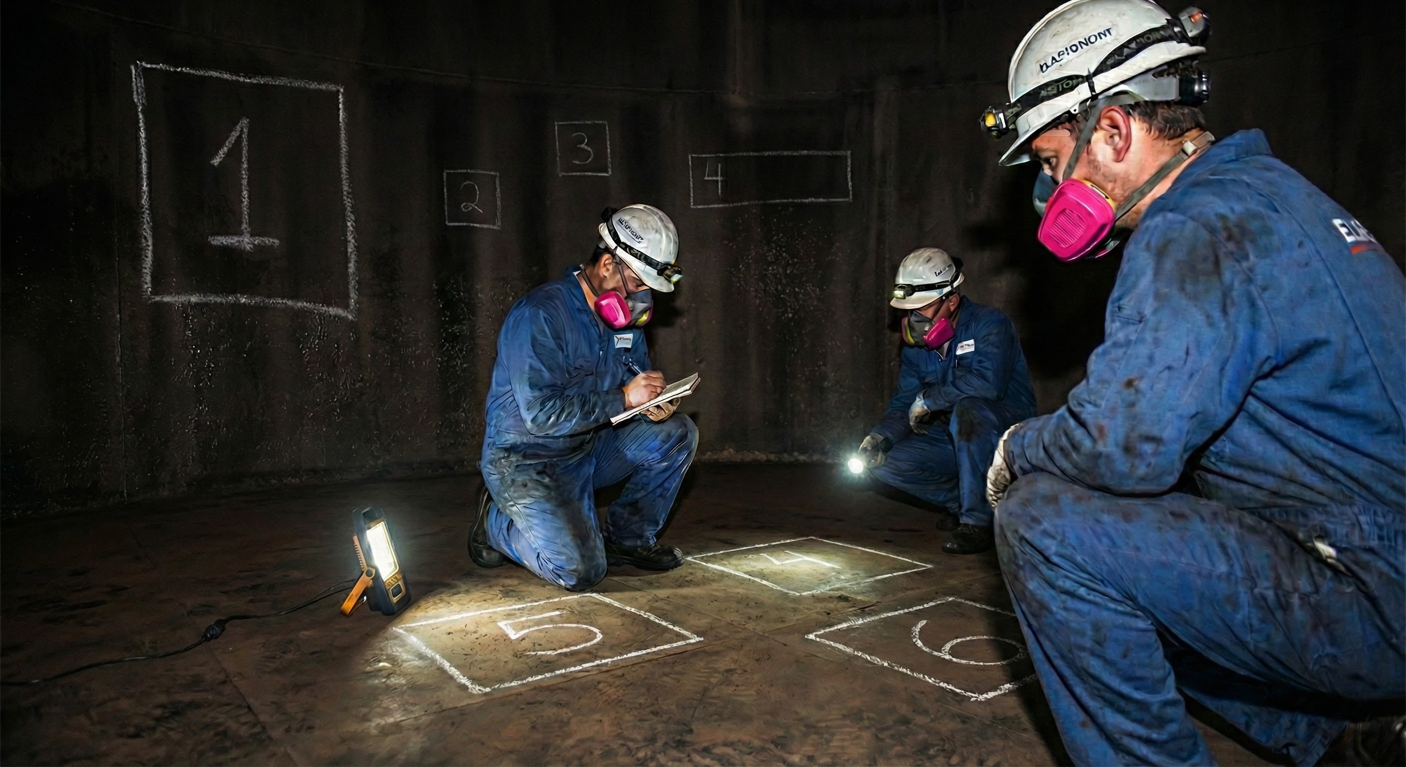 Trois techniciens d'Elastomont, équipés de masques respiratoires et de casques, inspectent l'intérieur sombre d'une cuve industrielle. Sous l'éclairage de lampes de travail, ils évaluent l'état du revêtement en caoutchouc (rubber lining) et identifient des zones nécessitant des réparations, qu'ils ont marquées avec des carrés numérotés à la craie sur le sol et les parois.