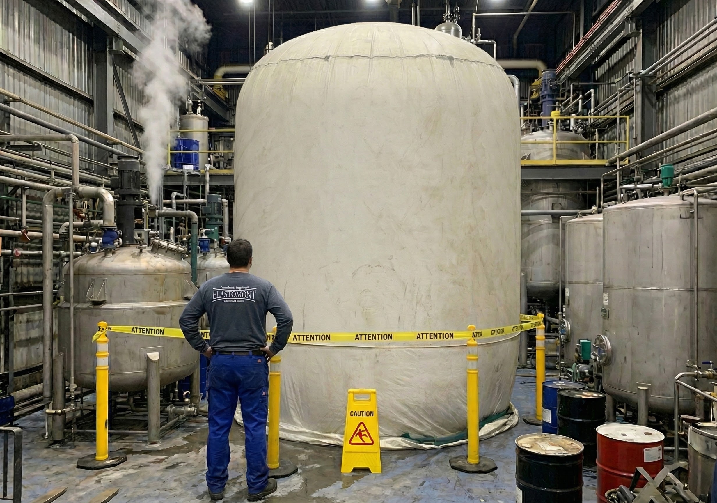 Réparation de réservoir par Elastomont : Vulcanisation à chaud et cuisson steam cure d'un revêtement rubber lining sur site.