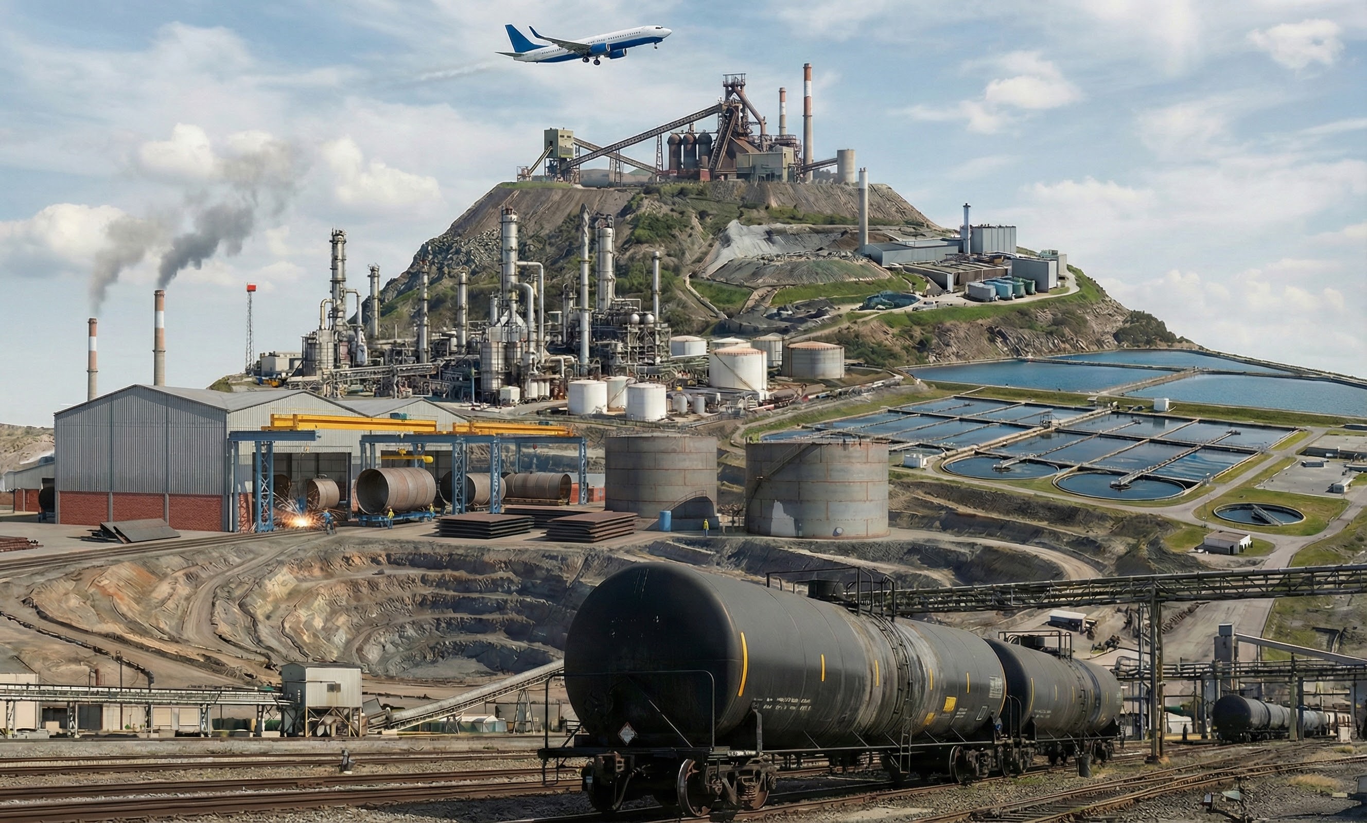 Une vue panoramique d'un vaste complexe industriel diversifié, combinant une raffinerie, une aciérie sur une colline, une station d'épuration, une mine à ciel ouvert et une usine de fabrication avec des cheminées fumantes. Un wagon-citerne est au premier plan et un avion de ligne survole la scène.