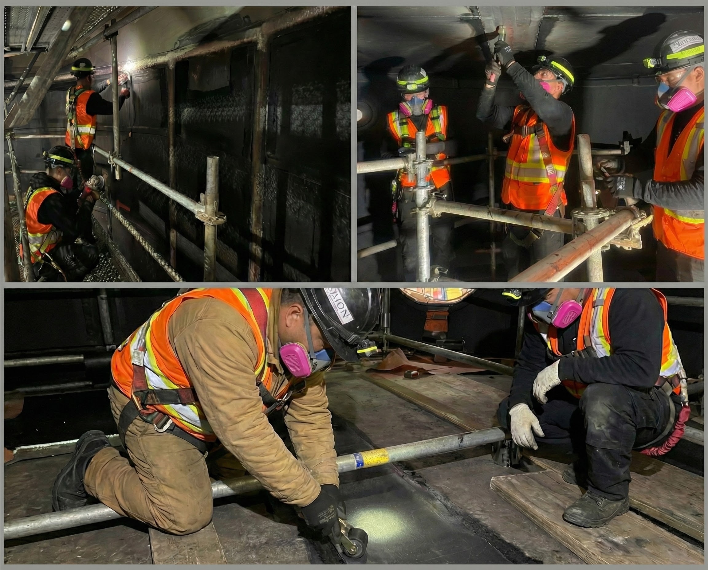 Travailleurs d'Elastomont installant un revêtement en caoutchouc (rubber lining) sur un chantier industriel en espace confiné, équipés de masques à cartouche et de harnais de sécurité.