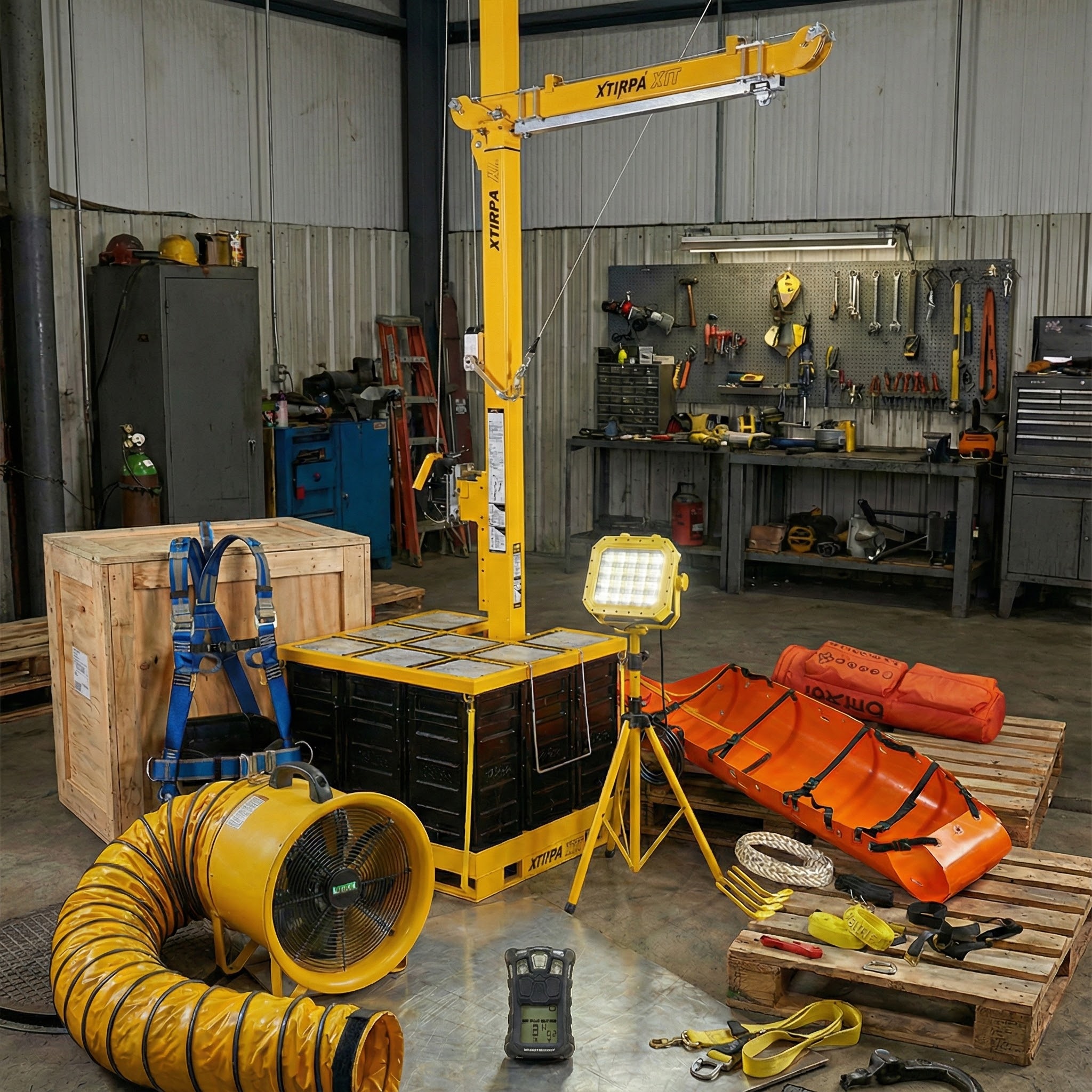 Équipement de sécurité pour espace clos Elastomont incluant une potence Xtirpa, une lumière anti-explosion Class 1 Div 2, un ventilateur d'extraction avec conduit 12 pouces, une civière Sked, un détecteur 4 gaz MSA et un harnais de sécurité.