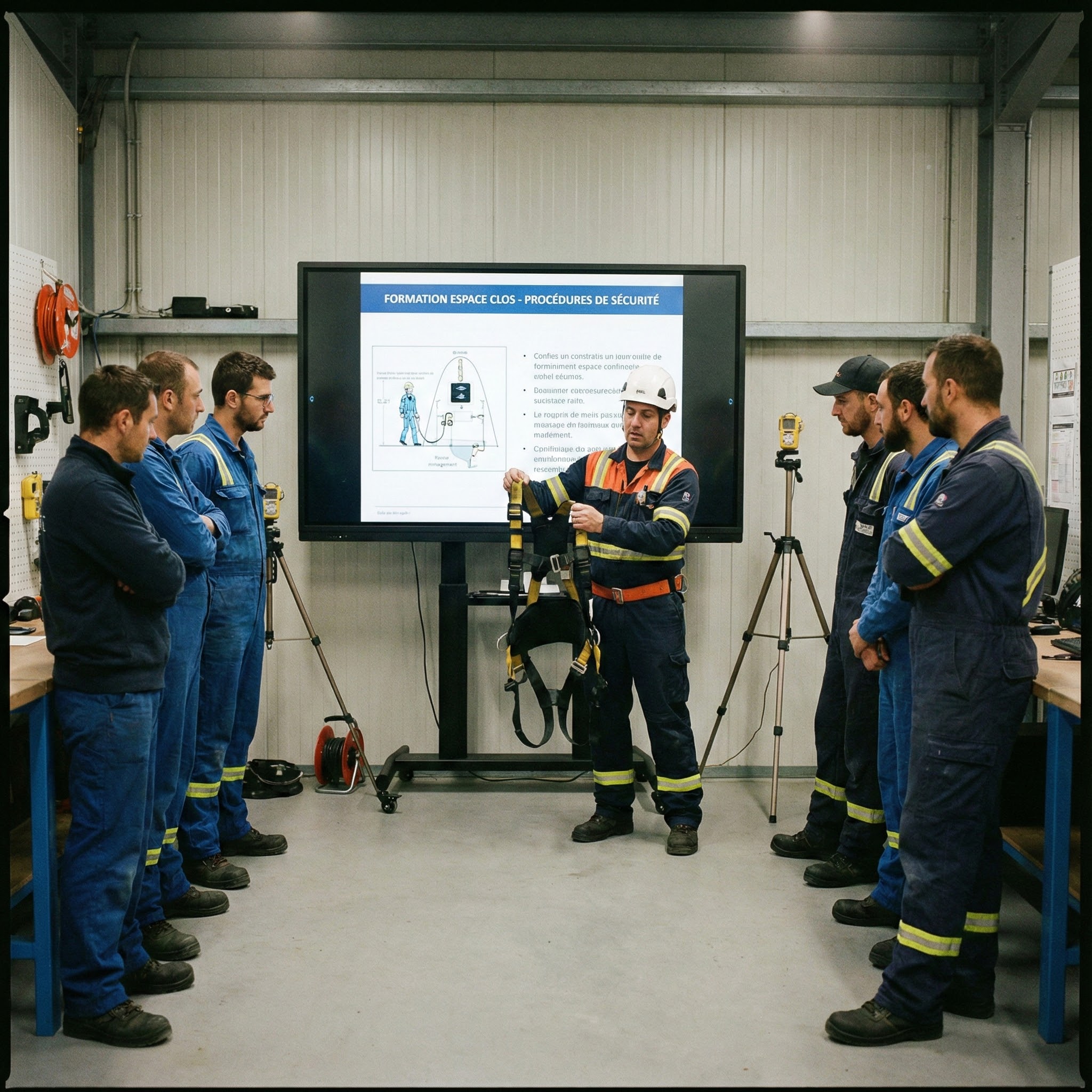 Photo d'une formation sur la sécurité en espace clos dans un atelier. Un formateur, tenant un harnais de sécurité, explique les procédures à huit employés en tenue de travail, qui l'écoutent attentivement. Un grand écran en arrière-plan affiche le titre 'FORMATION ESPACE CLOS - PROCÉDURES DE SÉCURITÉ'. La formation couvre potentiellement les risques liés aux travaux impliquant de l'Elastomontn et des revêtements en caoutchouc (rubber lining).