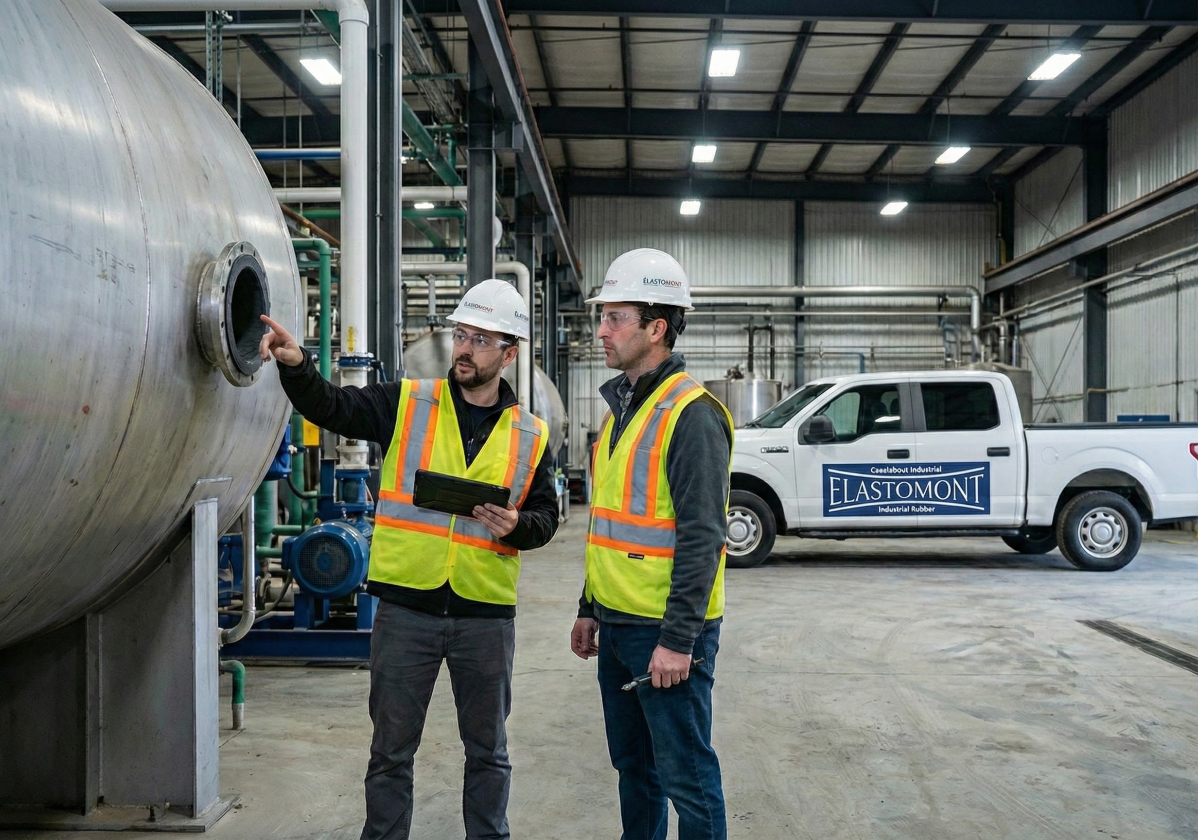 Deux techniciens experts d'Elastomont réalisent une inspection technique sur un chantier industriel. Ils examinent l'état du rubber lining (revêtement en caoutchouc) à l'intérieur d'un grand réservoir pour détecter d'éventuels besoins de réparation.