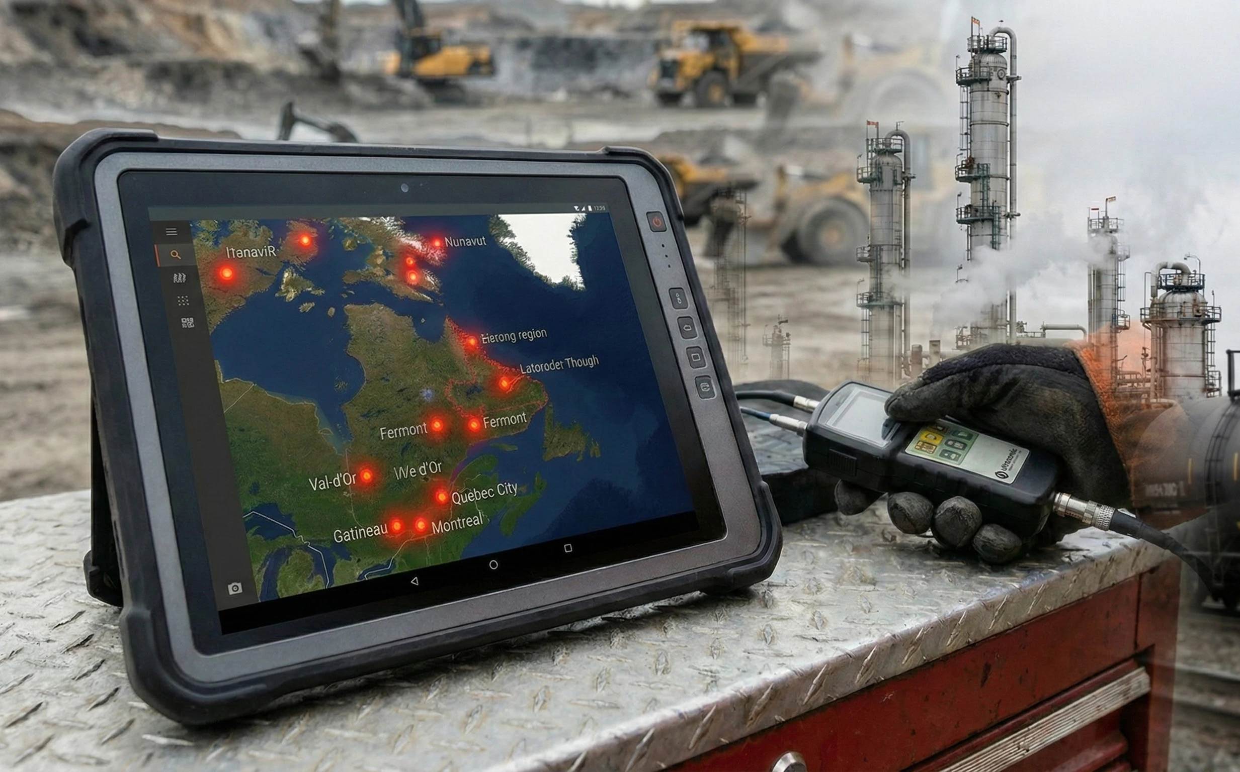 Inspection de revêtements en caoutchouc par Elastomont : tablette affichant les interventions techniques sur site partout au Québec et au Nunavut, incluant Montréal, Québec, Gatineau, Val-d'Or et Fermont, sur fond industriel minier.