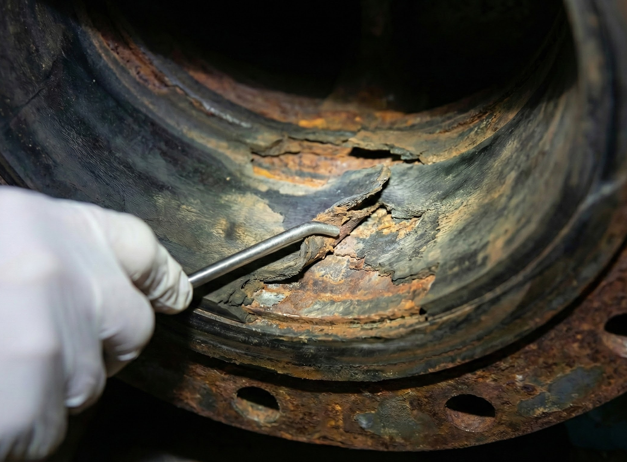 Expertise Elastomont en action : gros plan sur l'analyse d'un rubber lining (revêtement caoutchouc) industriel sévèrement dégradé et corrodé. Une main gantée utilise une sonde pour examiner le décollement, illustrant 35 ans d'expérience en diagnostic de défaillance et recommendation technique.