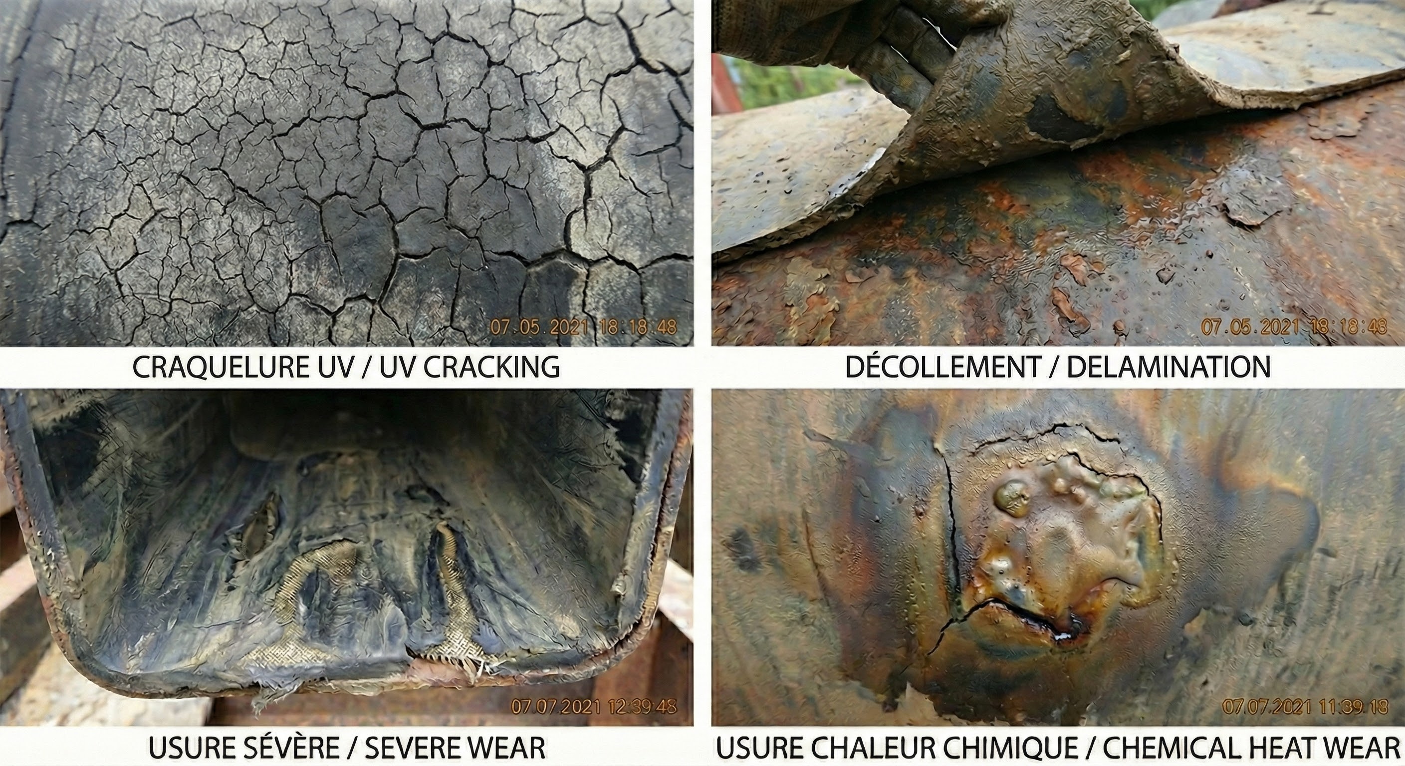 Grille photographique illustrant l'expertise d'inspection d'Elastomont, spécialiste depuis 35 ans en solutions de rubber lining. Les panneaux montrent quatre défaillances diagnostiquées : craquelures UV, décollement sur métal corrodé, usure sévère par abrasion et détérioration par chaleur chimique.