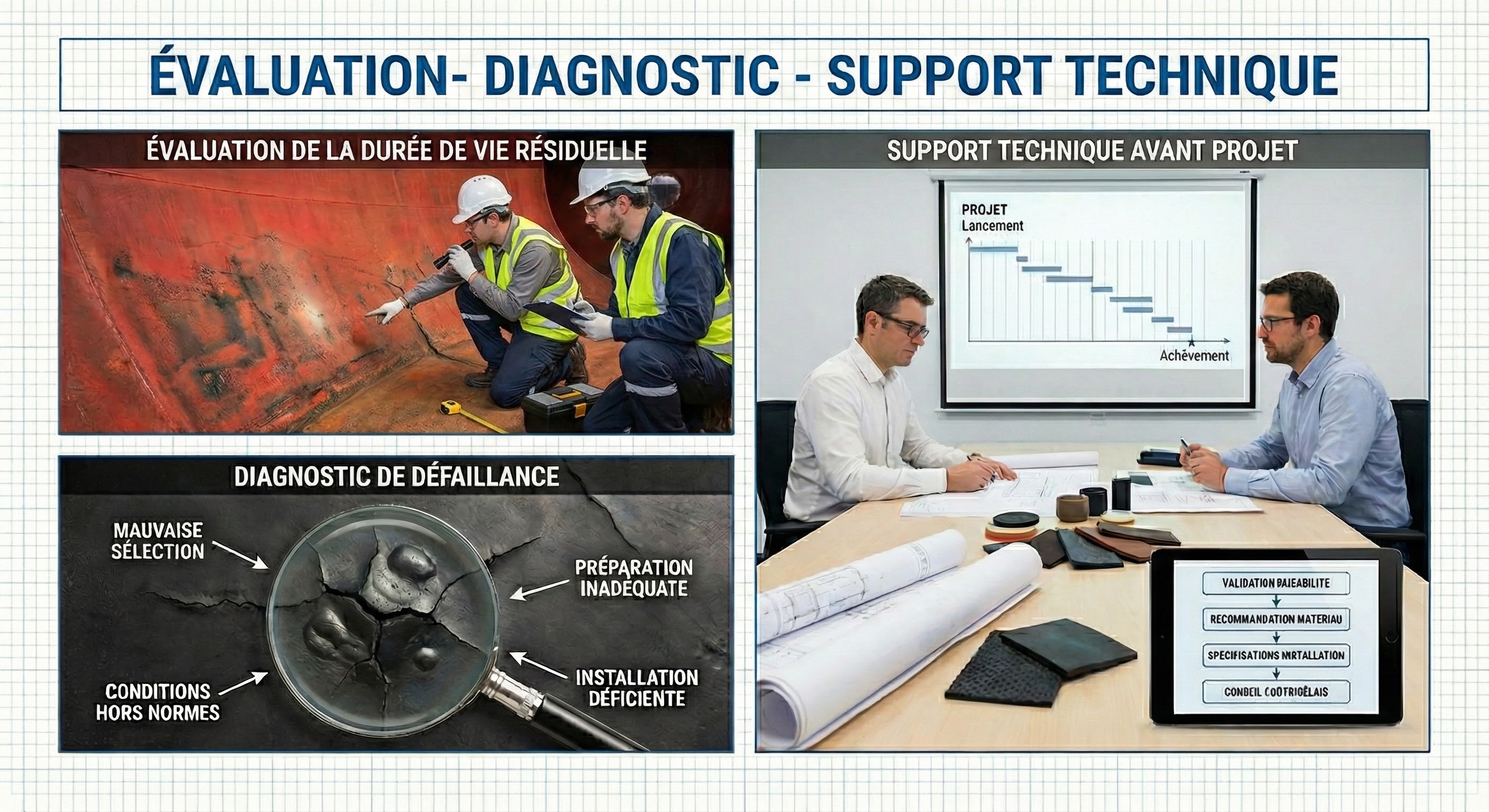 Infographie en trois panneaux intitulée 'EVALUATION - DIAGNOSTIC - TECHNICAL SUPPORT'. Le premier panneau montre deux ouvriers inspectant un revêtement en caoutchouc rouge. Le deuxième, une loupe sur du caoutchouc fissuré avec des étiquettes en anglais pour les causes de défaillance. Le troisième, deux hommes en réunion avec des plans et une tablette pour le support technique avant projet.