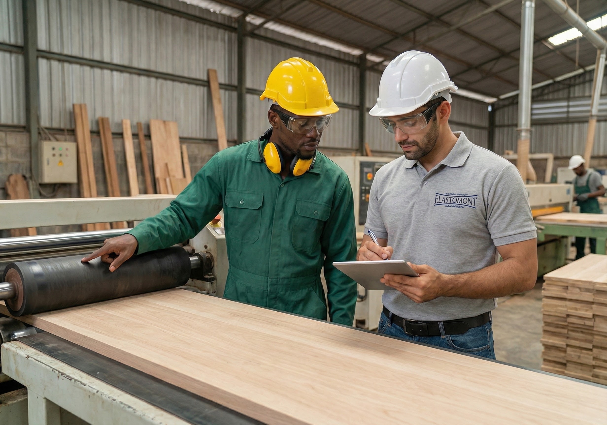 Analyse sur site d’une pièce de machine industrielle par un mécanicien et un représentant technique Élastomont pour une adaptation en caoutchouc sur mesure