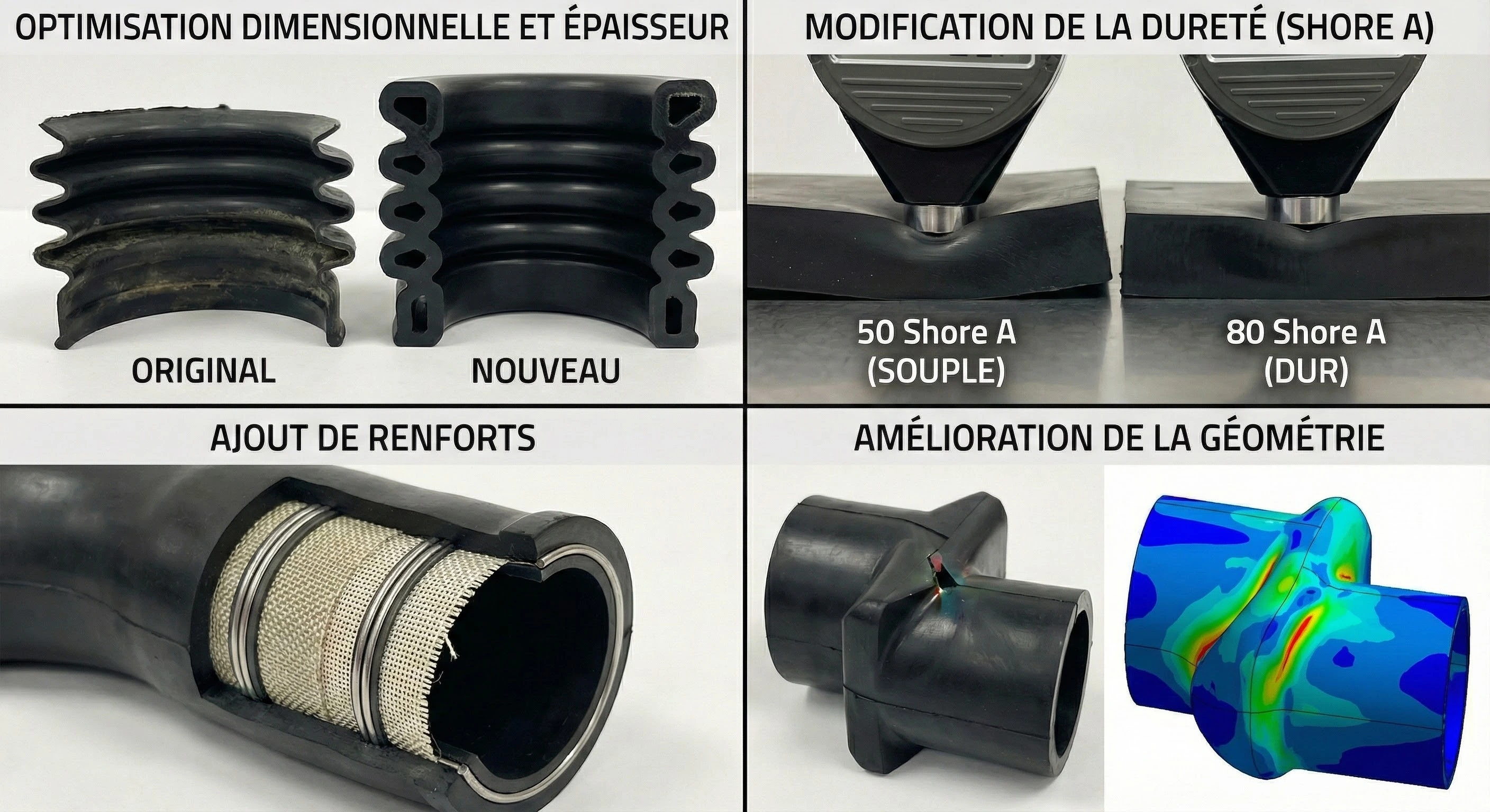 4 panneaux illustrant l'expertise technique Elastomont : optimisation dimensionnelle, comparaison de dureté Shore A, ajout de renforts structurels et amélioration géométrique par FEA pour pièces en caoutchouc.