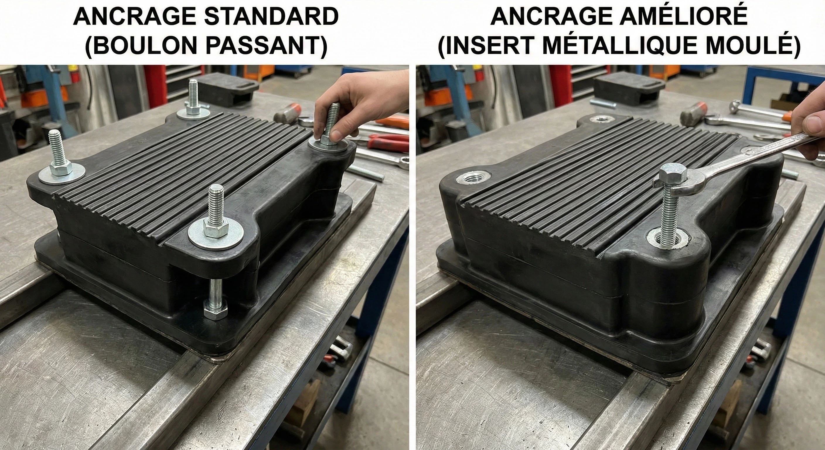 Image comparative montrant deux méthodes de fixation pour un patin anti-vibration en caoutchouc Elastomont. À gauche, ANCRAGE STANDARD (BOULON PASSANT) montre un boulon traversant avec rondelle et écrou serré à la main. À droite, ANCRAGE AMÉLIORÉ (INSERT MÉTALLIQUE MOULÉ) montre un boulon serré avec une clé dans un insert métallique fileté moulé dans le caoutchouc.