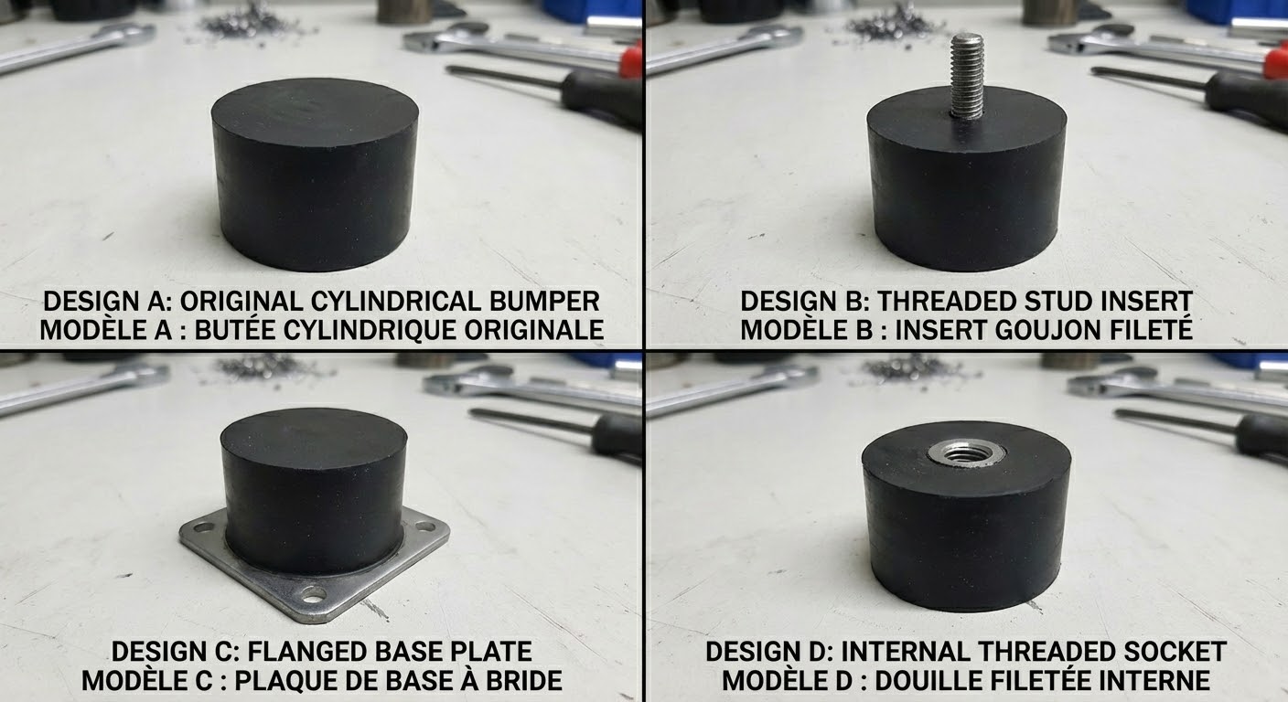 Collage de quatre panneaux illustrant l'évolution du design d'une butée en caoutchouc. Il montre la pièce cylindrique en caoutchouc d'origine (Modèle A) et trois variations avec des inserts métalliques ajoutés pour améliorer la fixation : un goujon fileté (Modèle B), une plaque de base à bride (Modèle C) et une douille filetée interne (Modèle D).