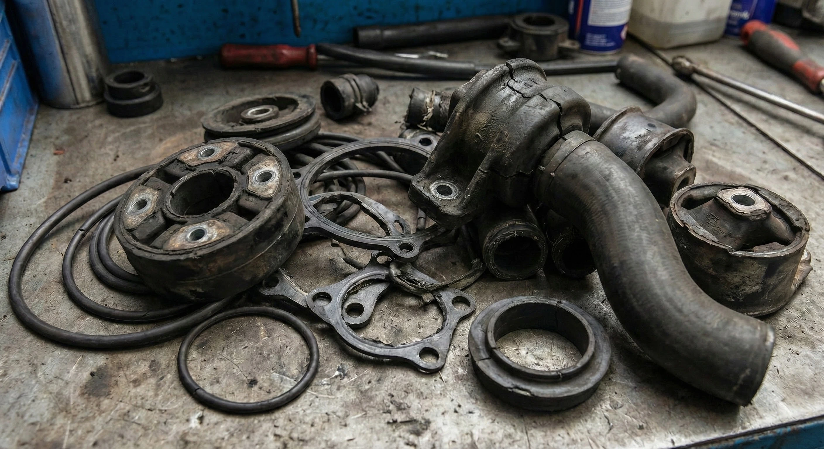 Photographie en gros plan d'un assortiment de pièces en caoutchouc moulé usagées et endommagées sur un établi métallique sale. On y voit des joints toriques, des joints plats, des silentblocs de moteur, un flector de transmission et des durites, tous montrant des signes d'usure, de fissures, de saleté et de graisse. Des outils et d'autres équipements sont visibles en arrière-plan flou.
