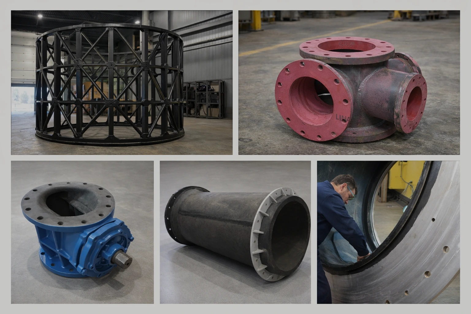 Rubber lining industriel réalisé par Élastomont : cinq pièces industrielles distinctes (structure métallique, raccord à brides, boîtier mécanique, conduite cylindrique et réservoir en cours de revêtement) présentées côte à côte, illustrant l’expertise d’Élastomont en revêtement de caoutchouc.