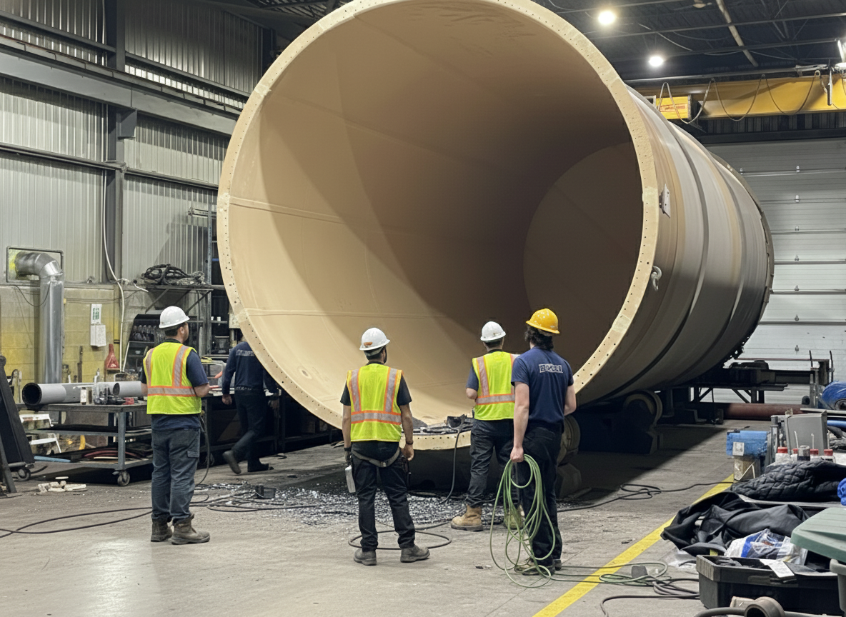 Spécialiste en recouvrement de réservoir avec caoutchouc chez Elastomont : équipe de techniciens qualifiés inspectant l'application d'un rubber lining industriel à l'intérieur d'un réservoir de grand diamètre en usine.