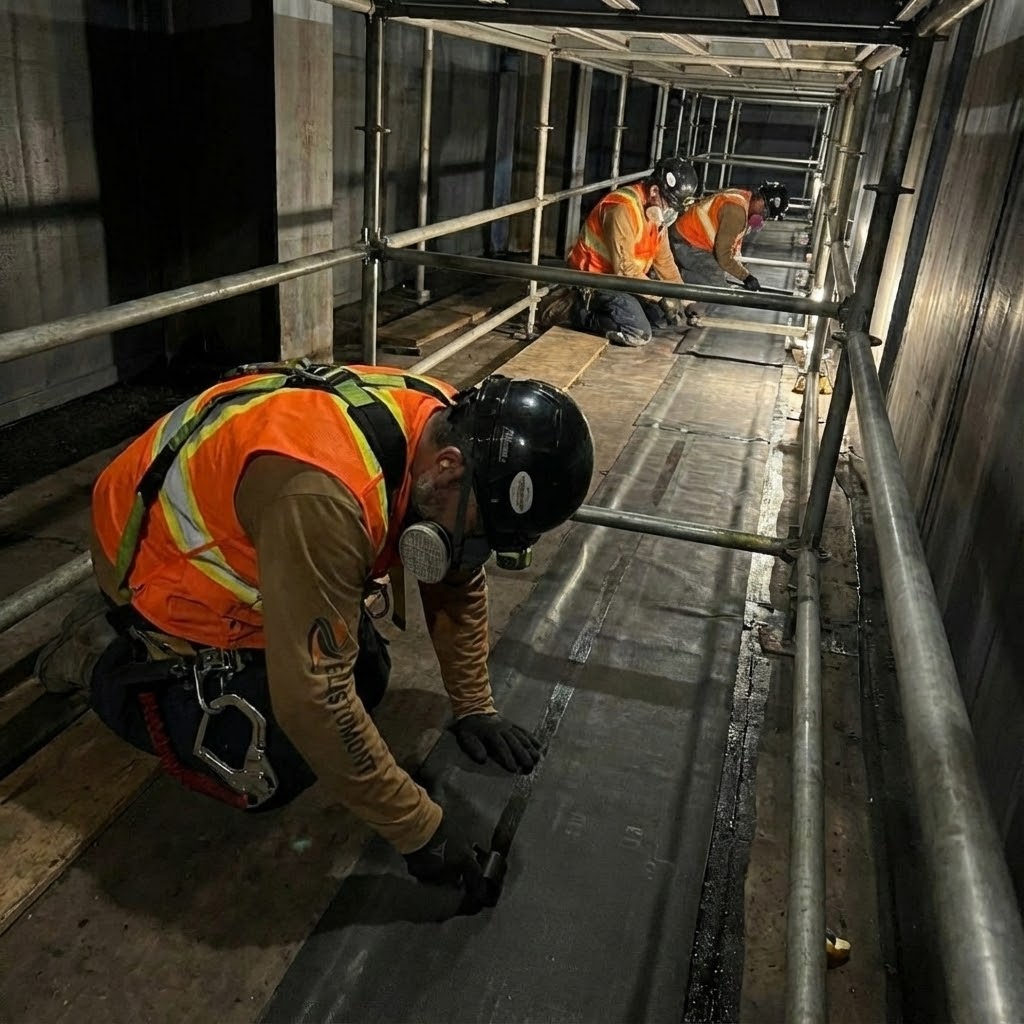 Ouvriers spécialisés d'Elastomont effectuant l'installation de revêtement 'rubber lining' sur un chantier industriel au Québec (Montréal/Fermont). Vue de trois travailleurs en équipement de protection individuelle (EPI) appliquant des feuilles de caoutchouc au sol dans un espace confiné sous des échafaudages.