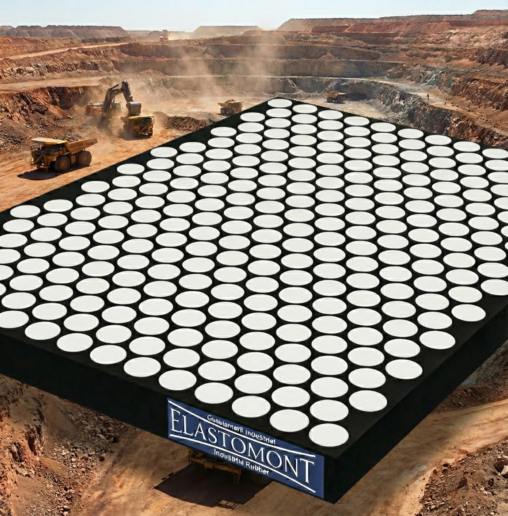 Plaque d'usure industrielle composite robuste en caoutchouc noir avec inserts circulaires en céramique blanche encastrés à fleur en quinconce pour une haute résistance à l'abrasion et aux impacts dans les applications minières, arborant le logo Elastomont.