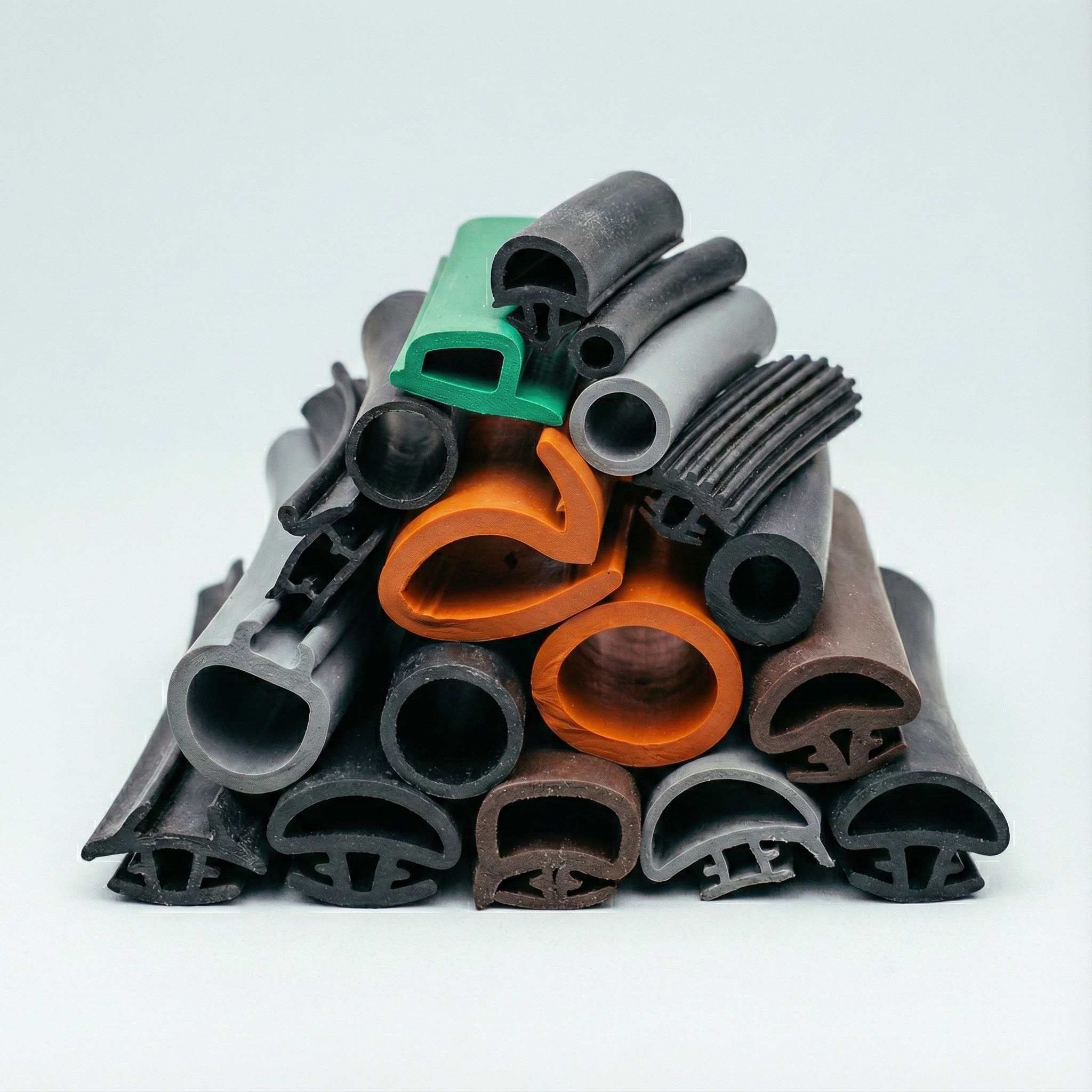 Une pile de joints en caoutchouc extrudés de formes et de tailles variées, incluant des pièces noires, grises, orange et une verte, sur un fond gris pâle. Ces produits sont typiques des extrusions fabriquées par des entreprises comme Elastomont à Montréal, Québec.